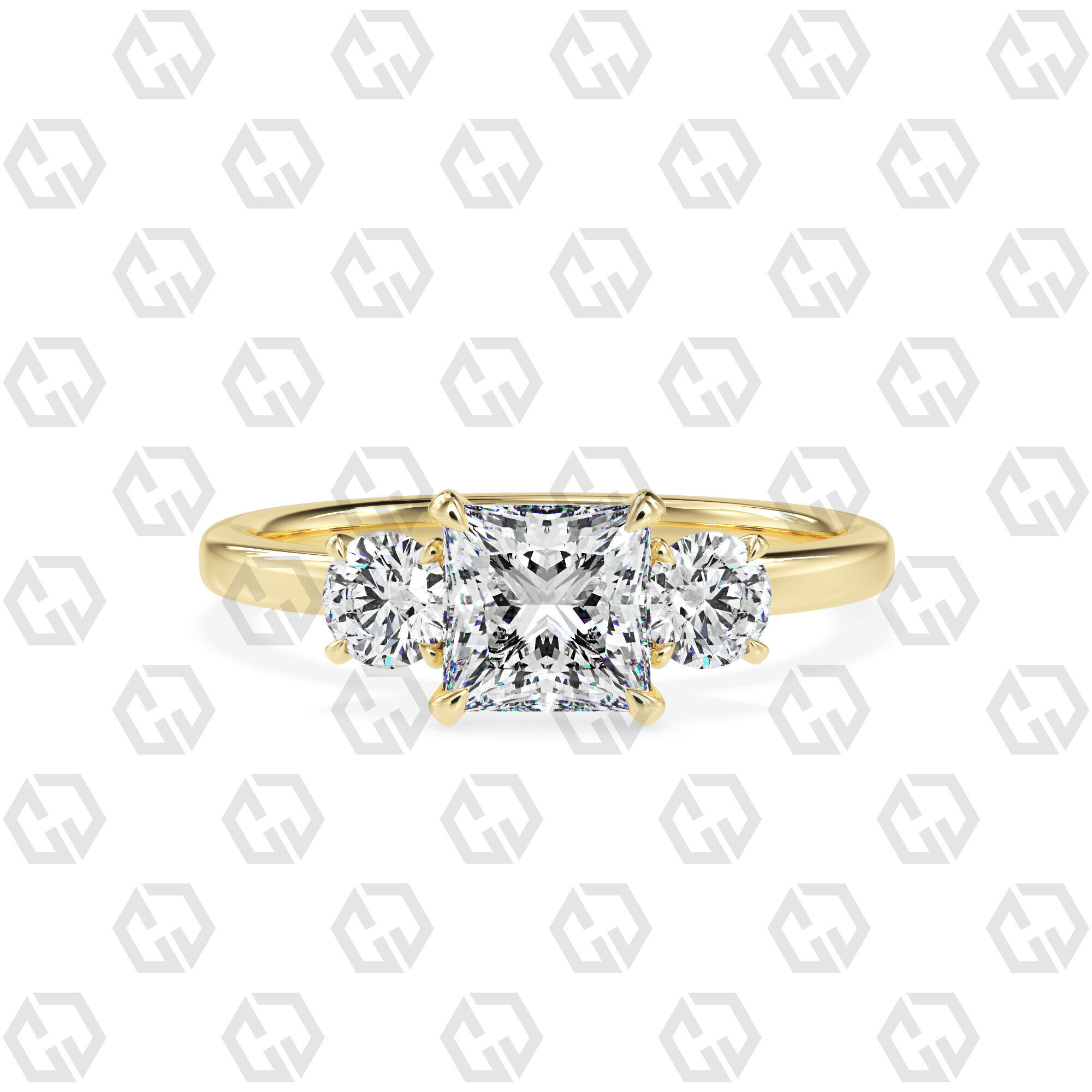 Ring 108 Princess Shape 3 stone ring with round 3D print model_13