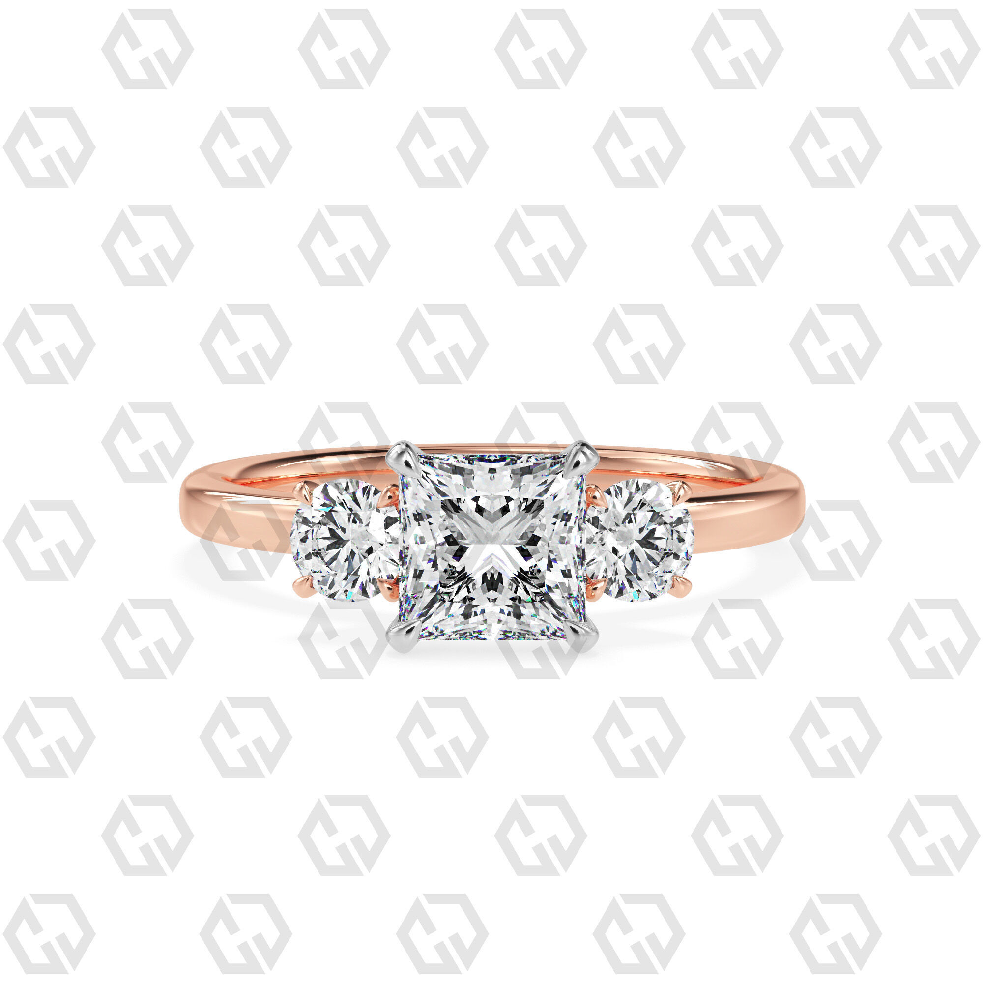 Ring 108 Princess Shape 3 stone ring with round 3D print model_5