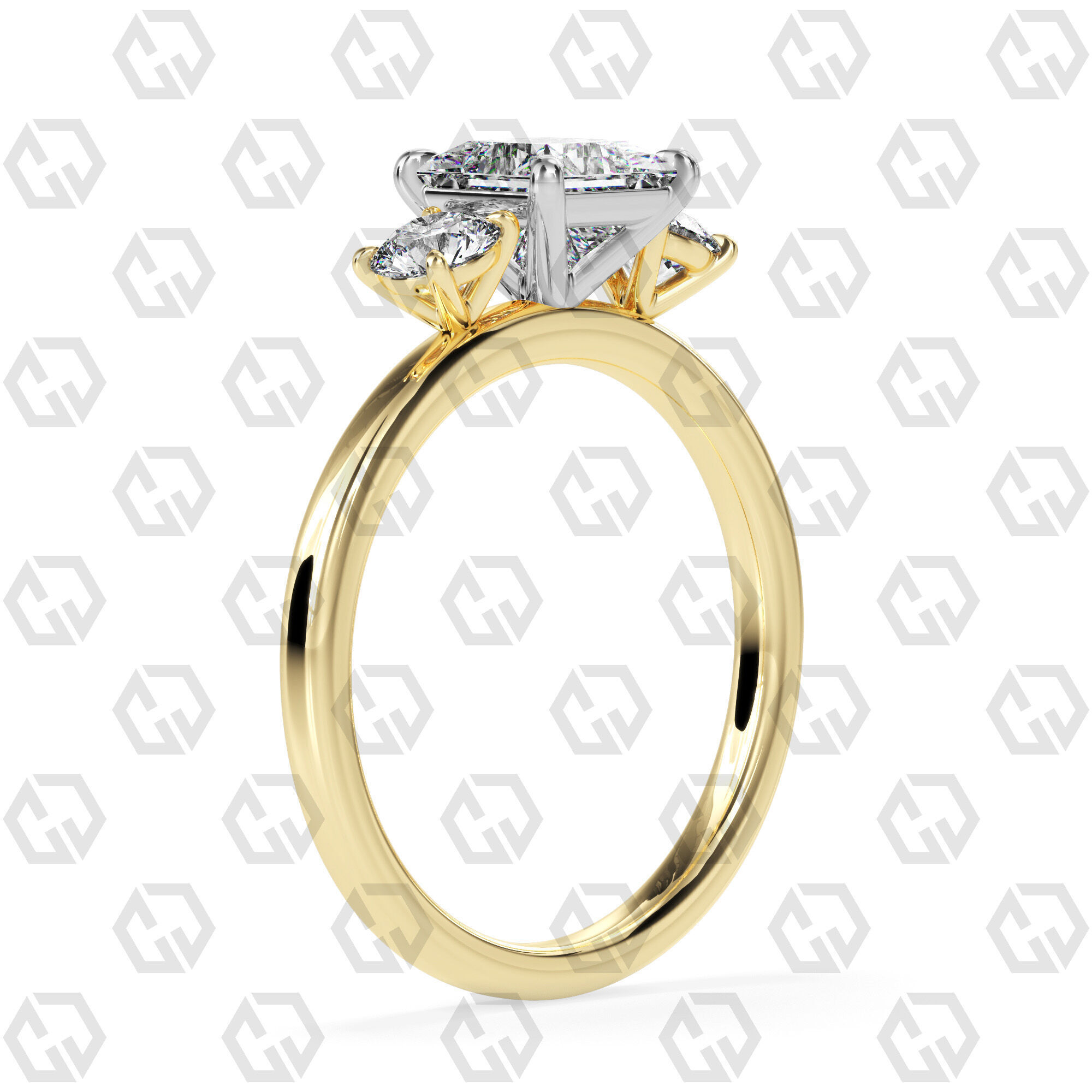 Ring 108 Princess Shape 3 stone ring with round 3D print model_8