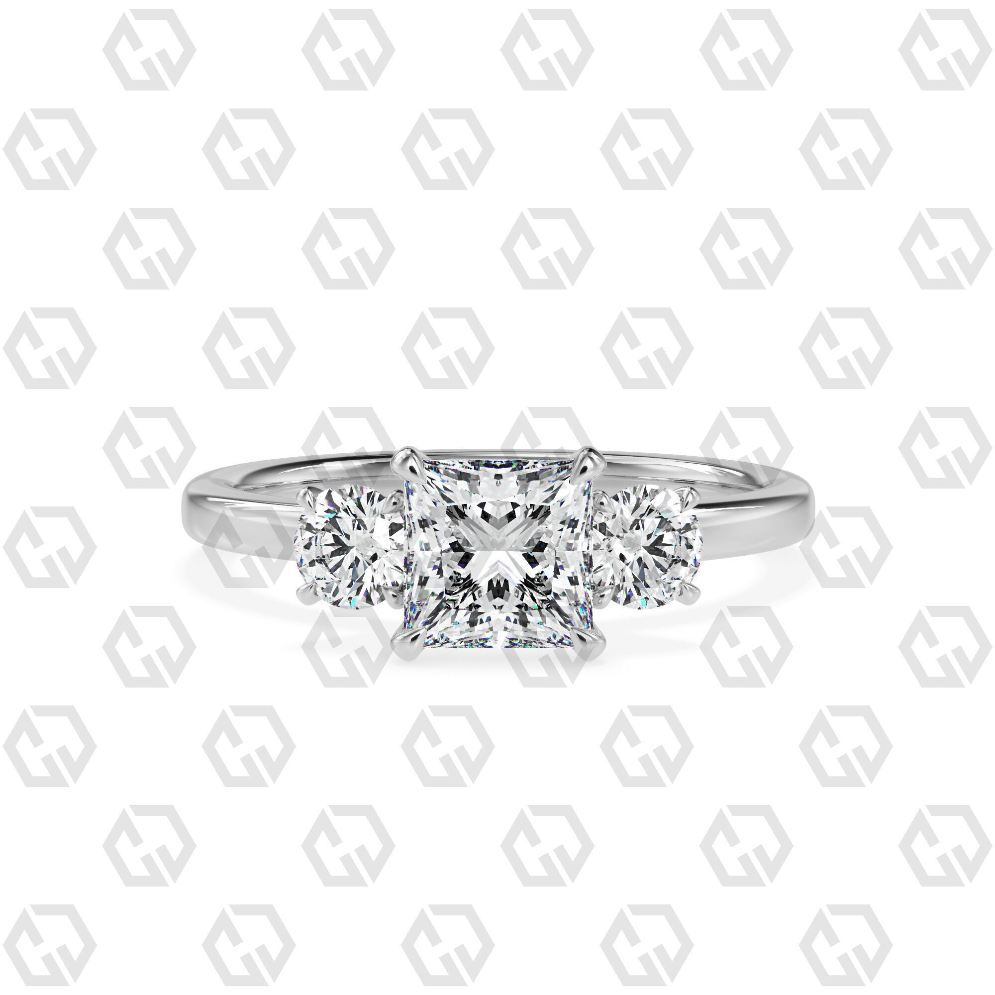 Ring 108 Princess Shape 3 stone ring with round 3D print model_7