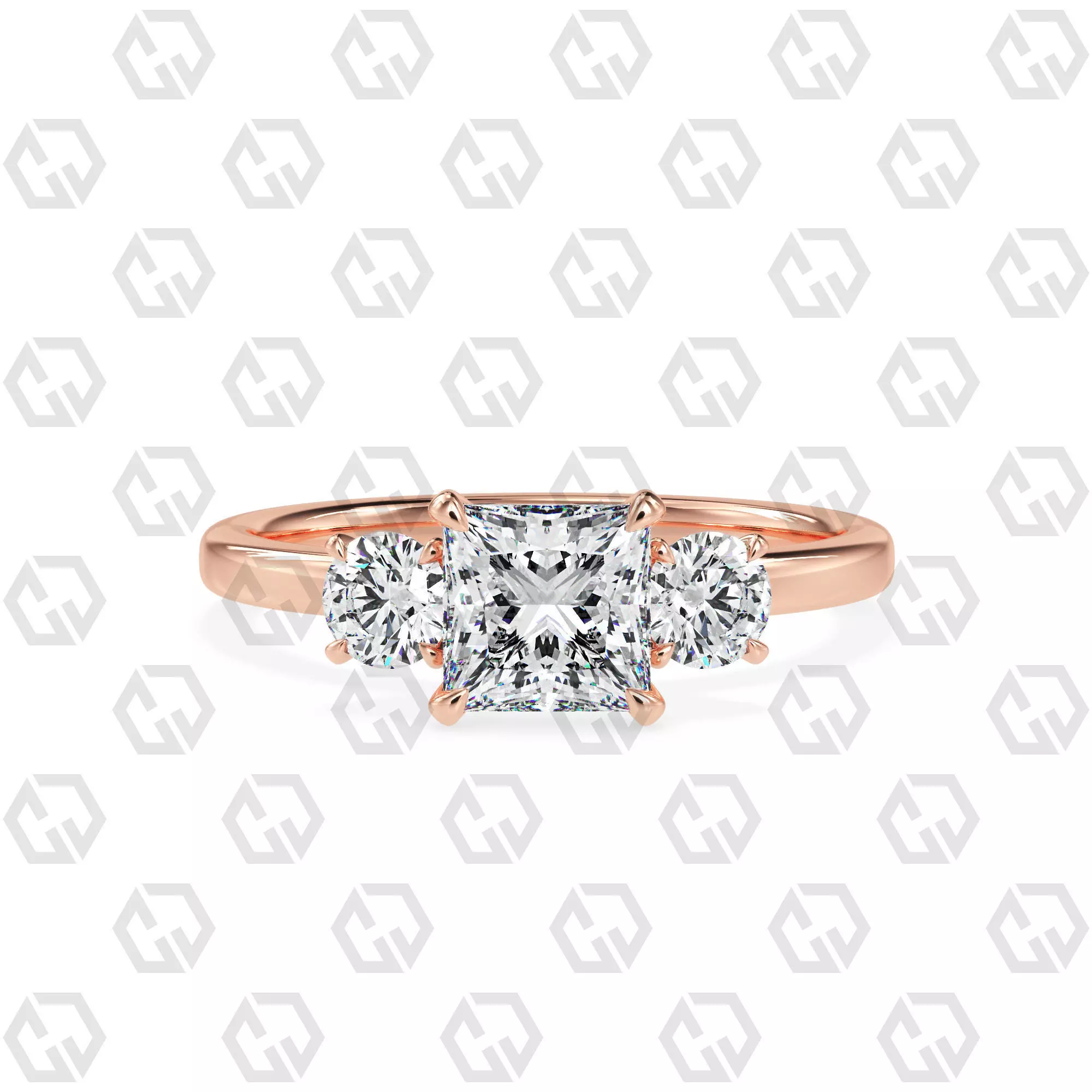 Ring 108 Princess Shape 3 stone ring with round 3D print model_0