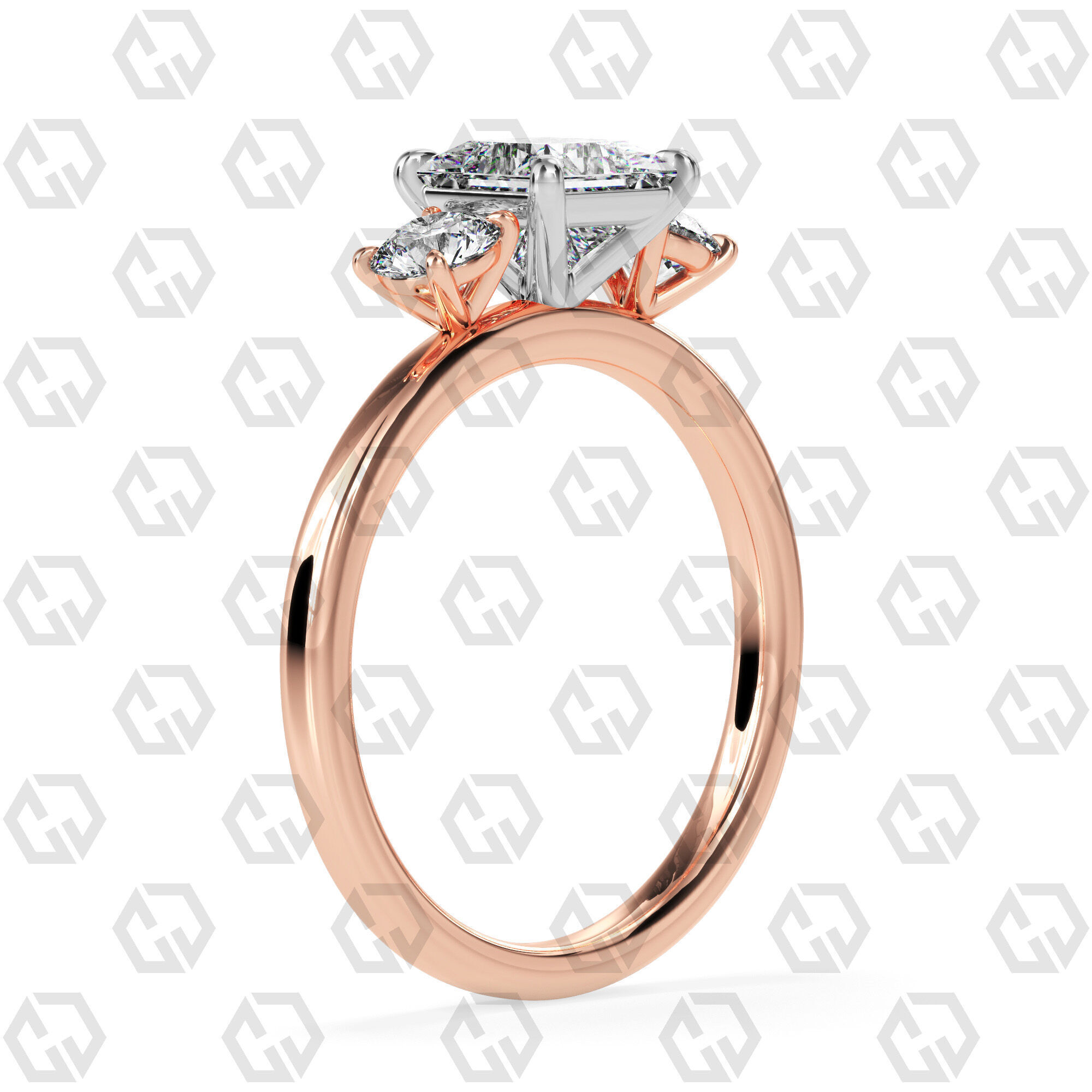 Ring 108 Princess Shape 3 stone ring with round 3D print model_4
