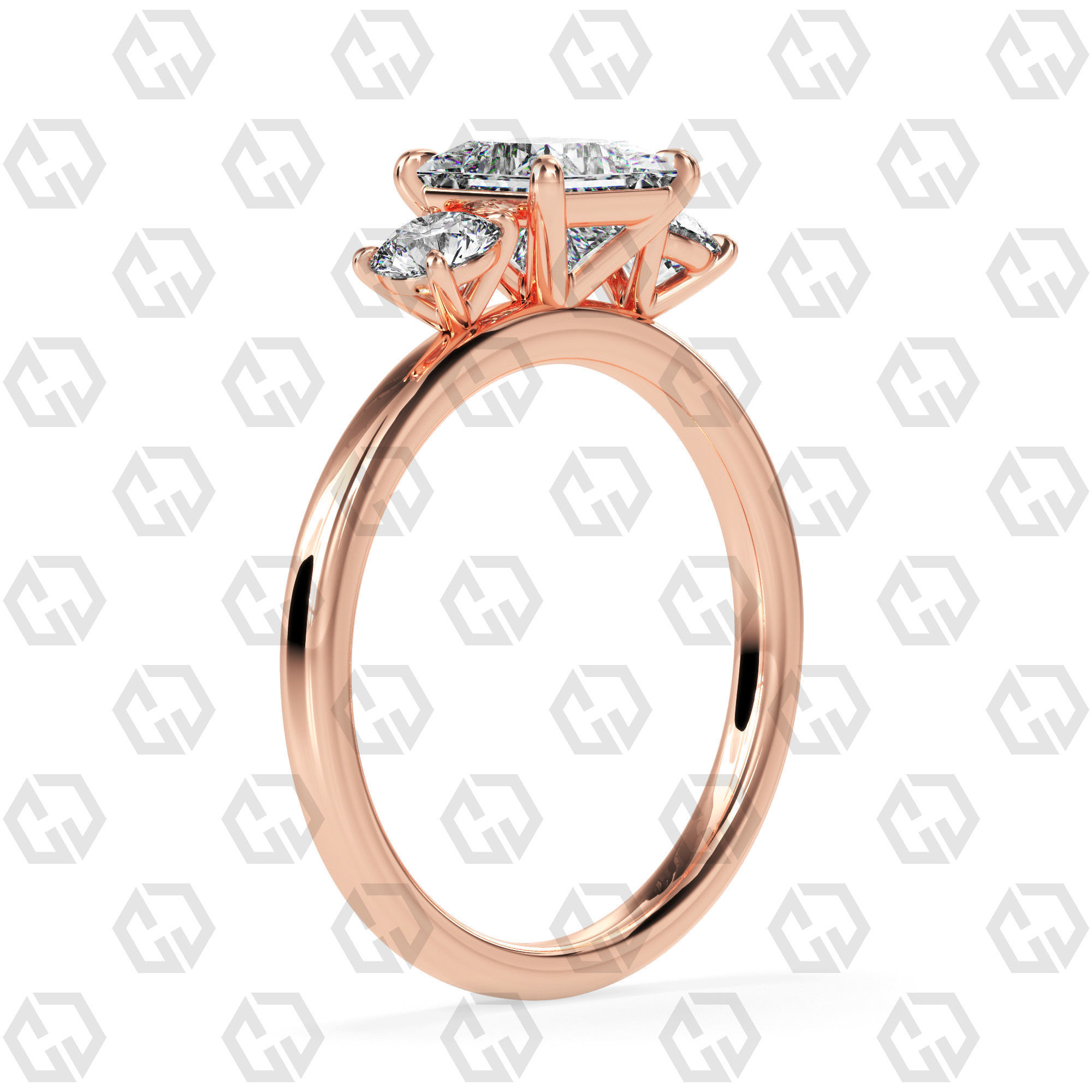 Ring 108 Princess Shape 3 stone ring with round 3D print model_1