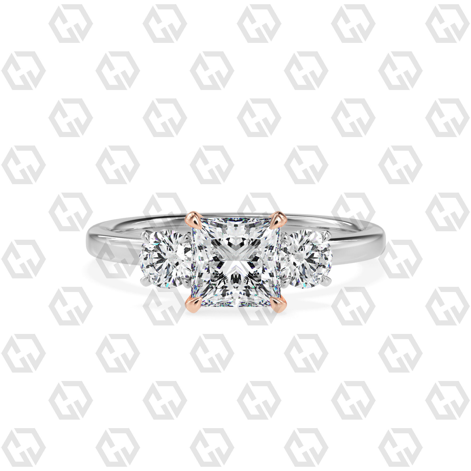 Ring 108 Princess Shape 3 stone ring with round 3D print model_3