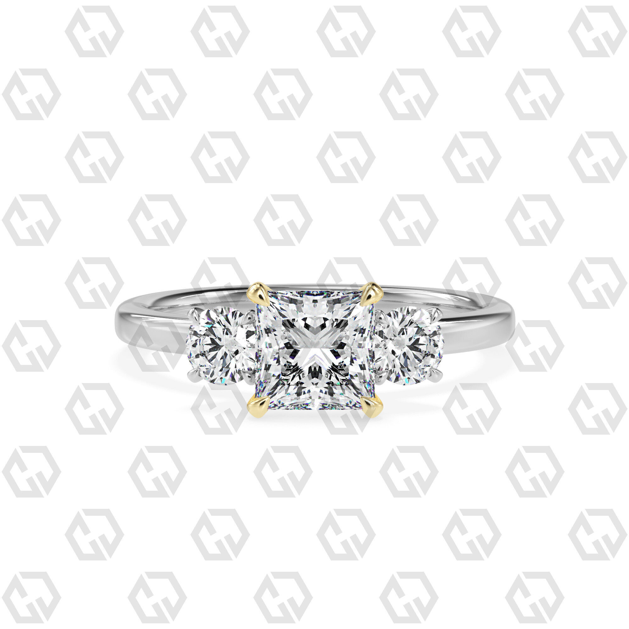 Ring 108 Princess Shape 3 stone ring with round 3D print model_11