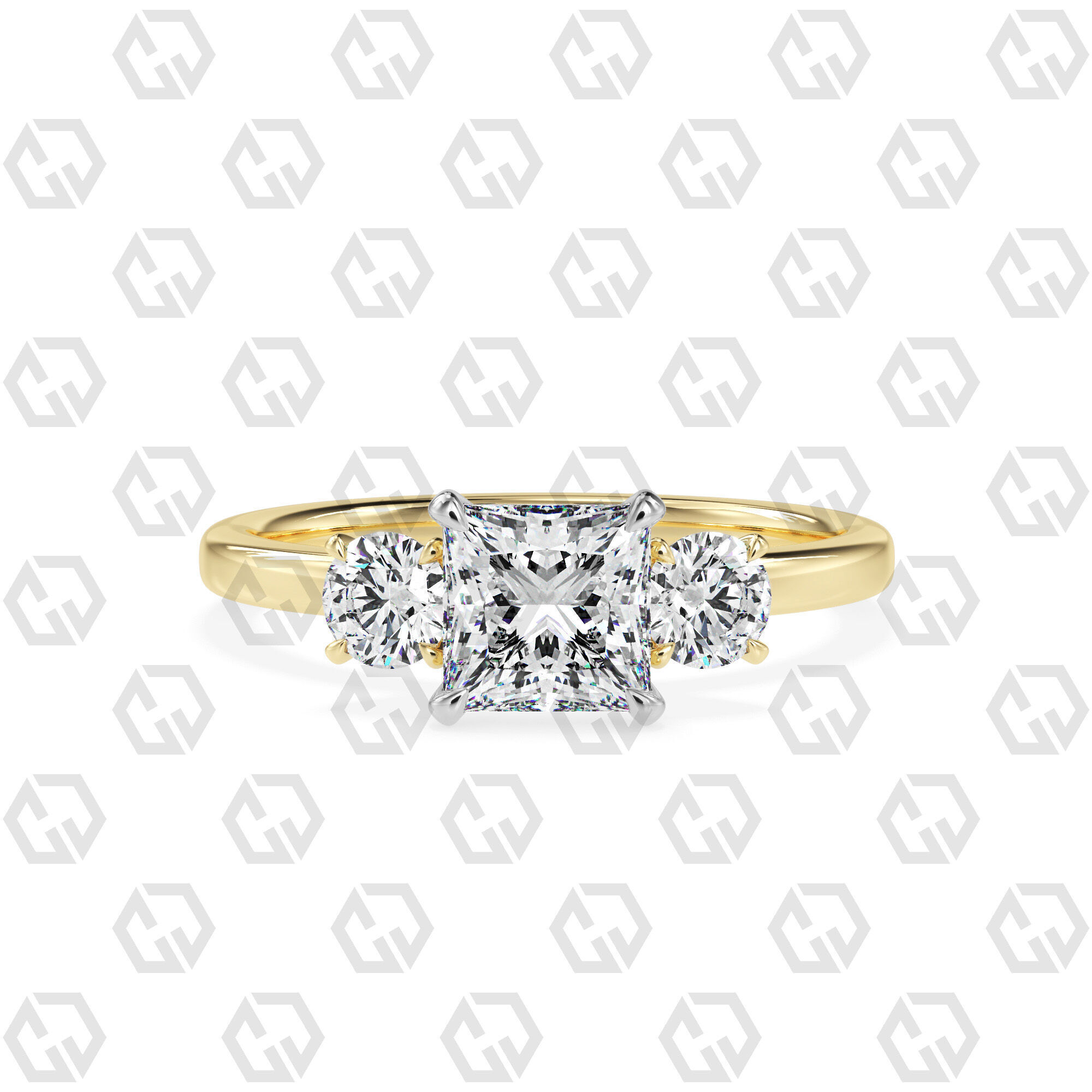 Ring 108 Princess Shape 3 stone ring with round 3D print model_9