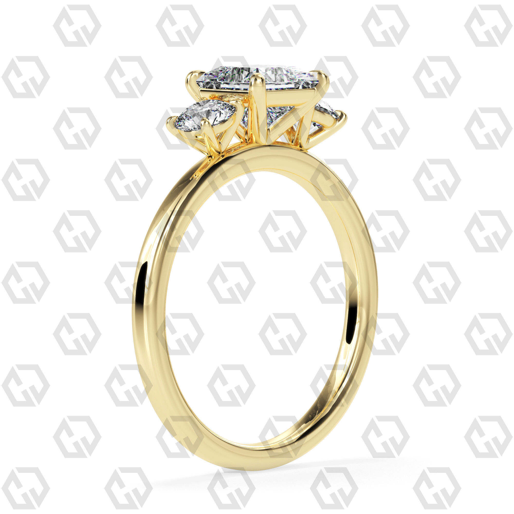 Ring 108 Princess Shape 3 stone ring with round 3D print model_12