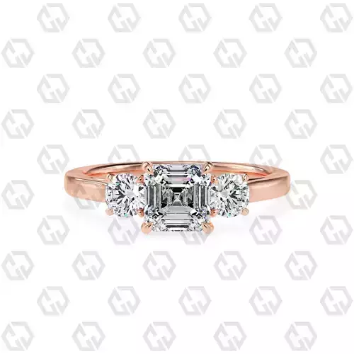 Ring 111 Asscher Shape Cathedral shank 3 stone ring with round