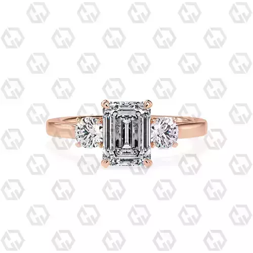 Ring 113 Emerald Shape Cathedral shank 3 stone ring with round