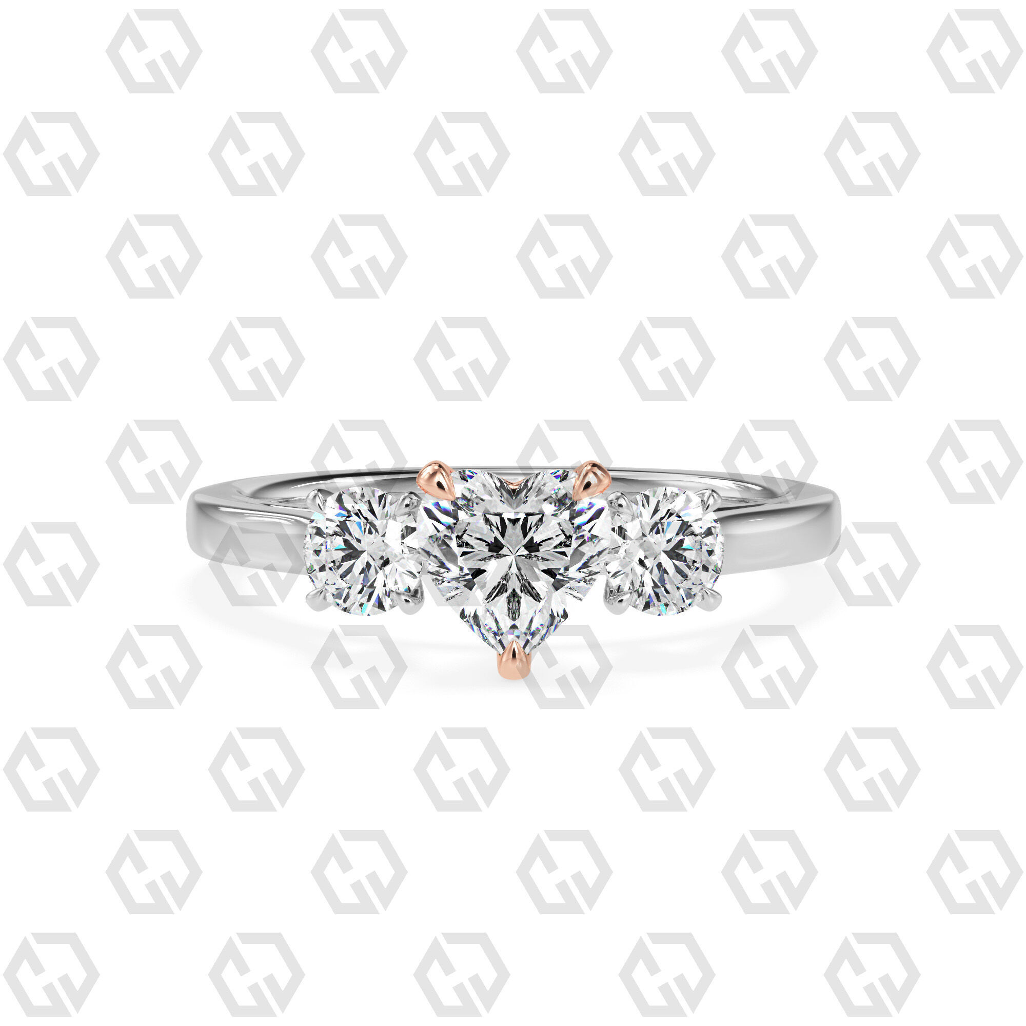 Ring 114 Heart Shape Cathedral shank 3 stone ring with round 3D print model_3