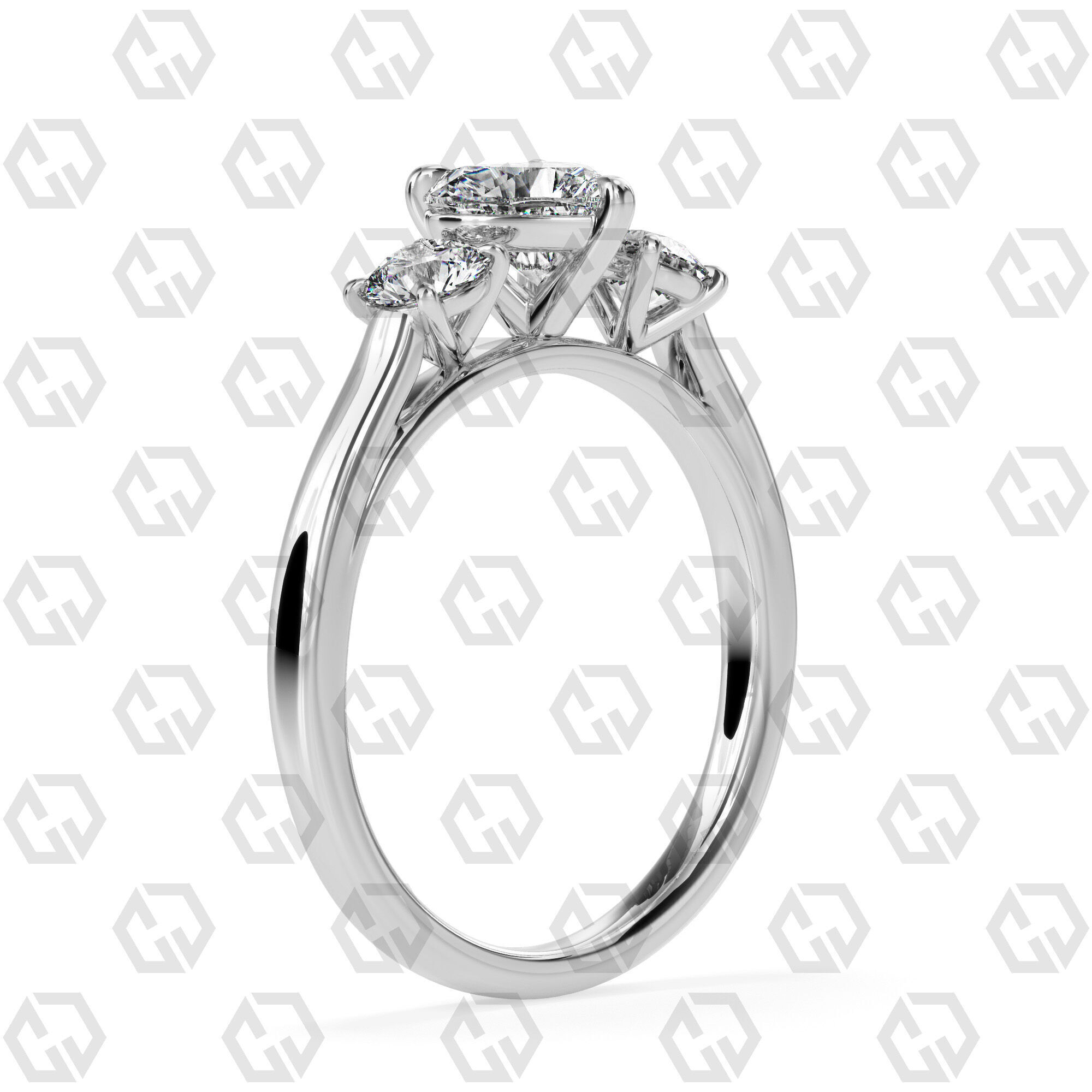 Ring 114 Heart Shape Cathedral shank 3 stone ring with round 3D print model_6