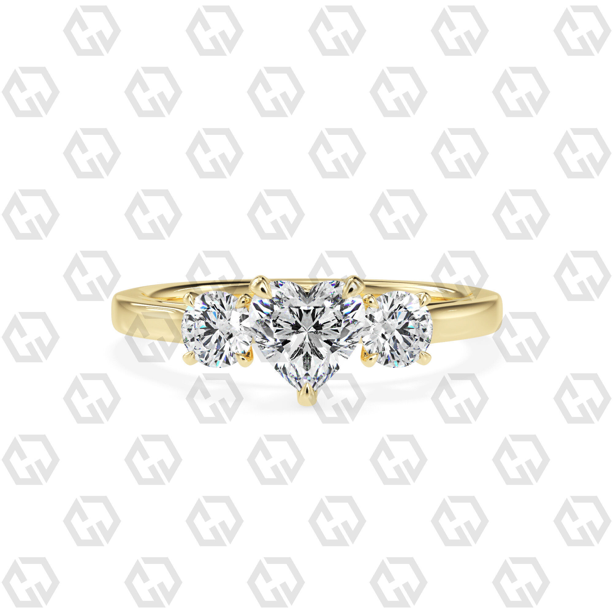 Ring 114 Heart Shape Cathedral shank 3 stone ring with round 3D print model_13