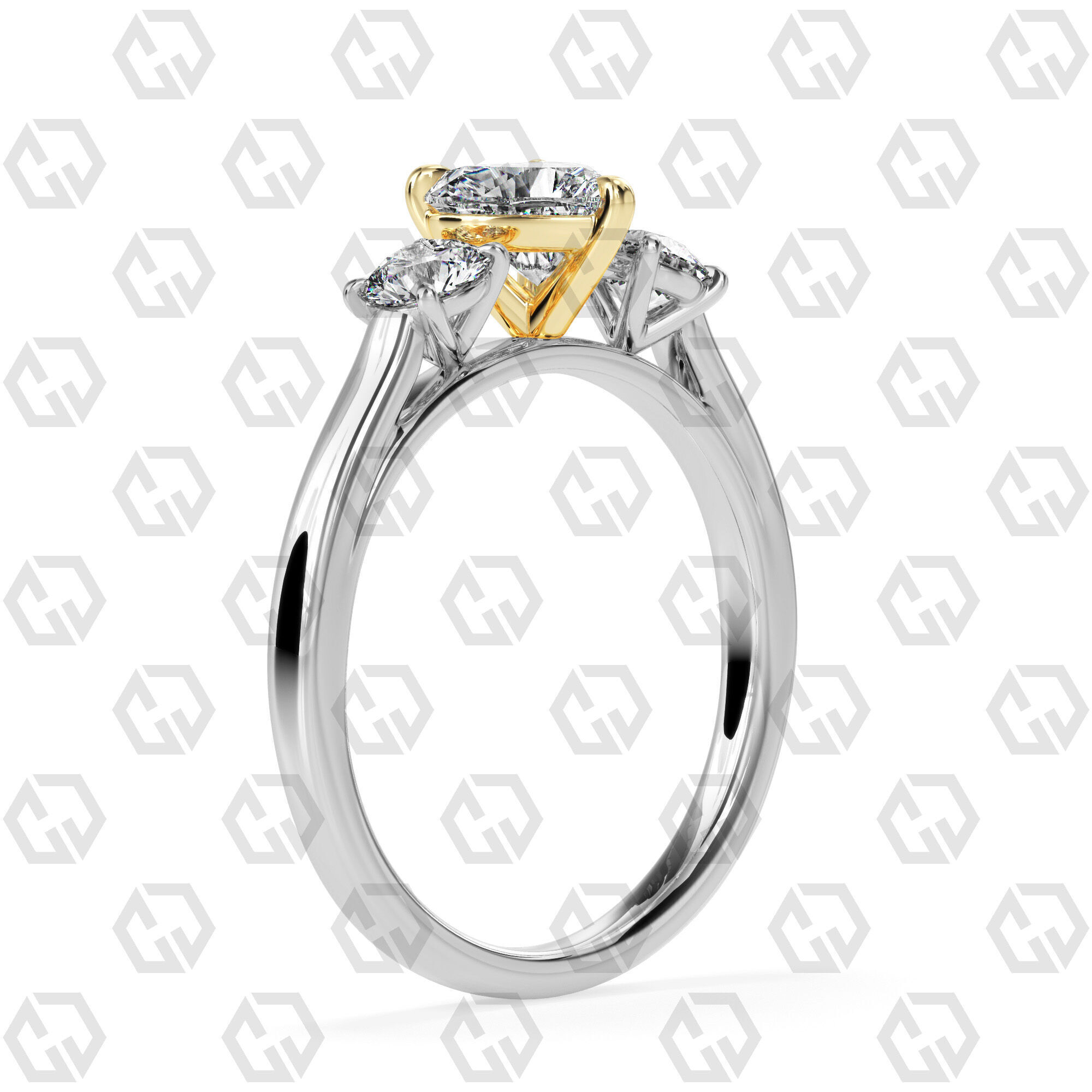 Ring 114 Heart Shape Cathedral shank 3 stone ring with round 3D print model_10