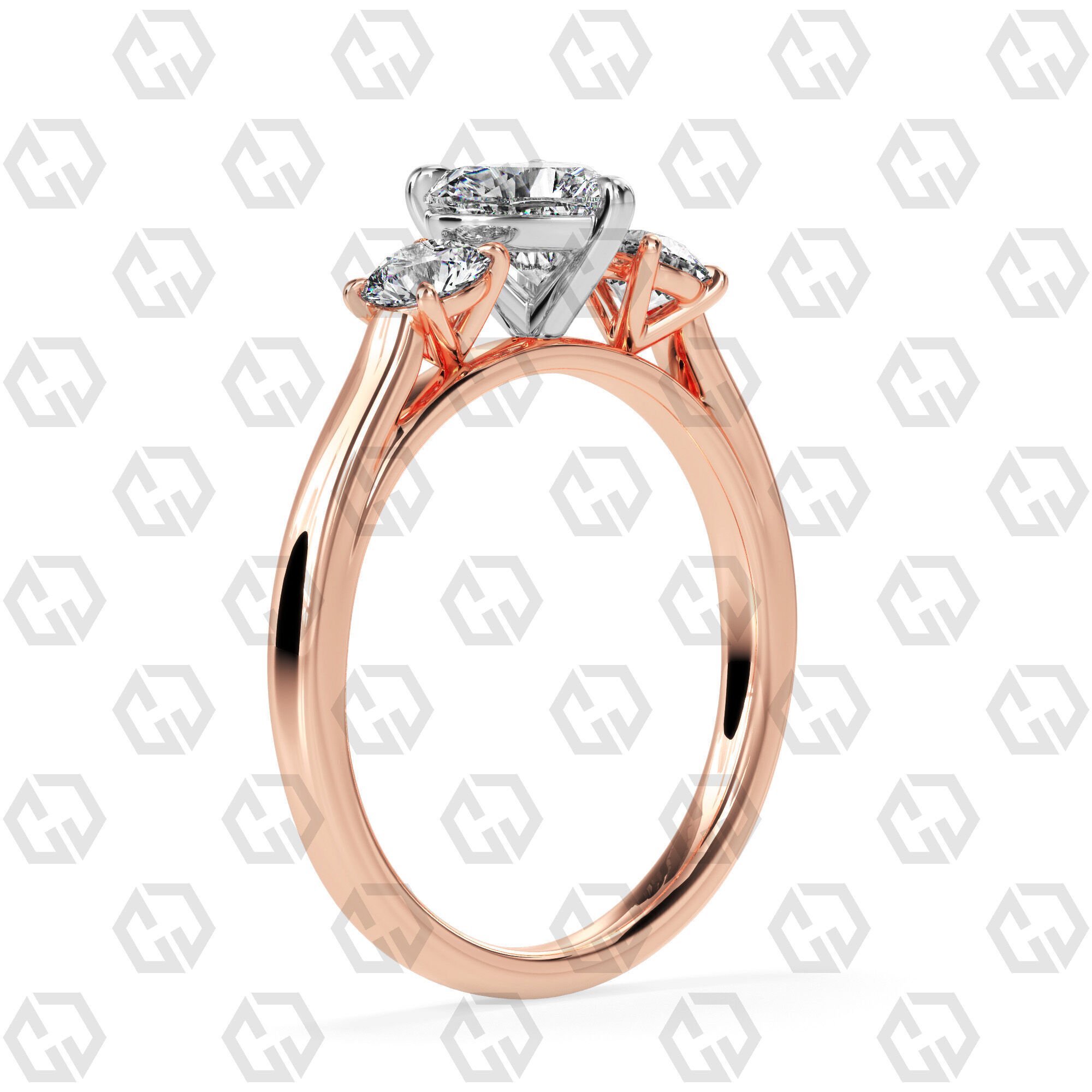 Ring 114 Heart Shape Cathedral shank 3 stone ring with round 3D print model_4