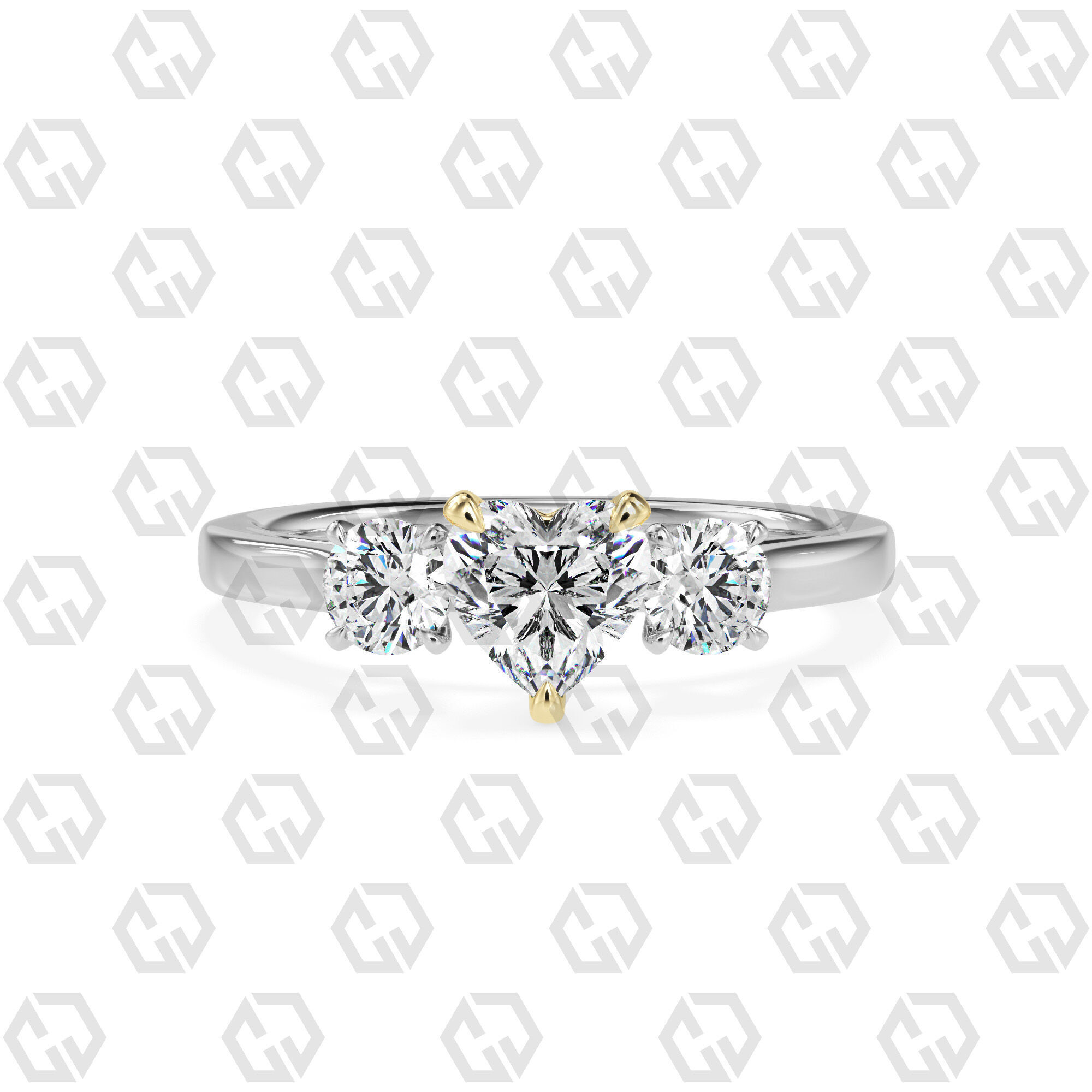 Ring 114 Heart Shape Cathedral shank 3 stone ring with round 3D print model_11