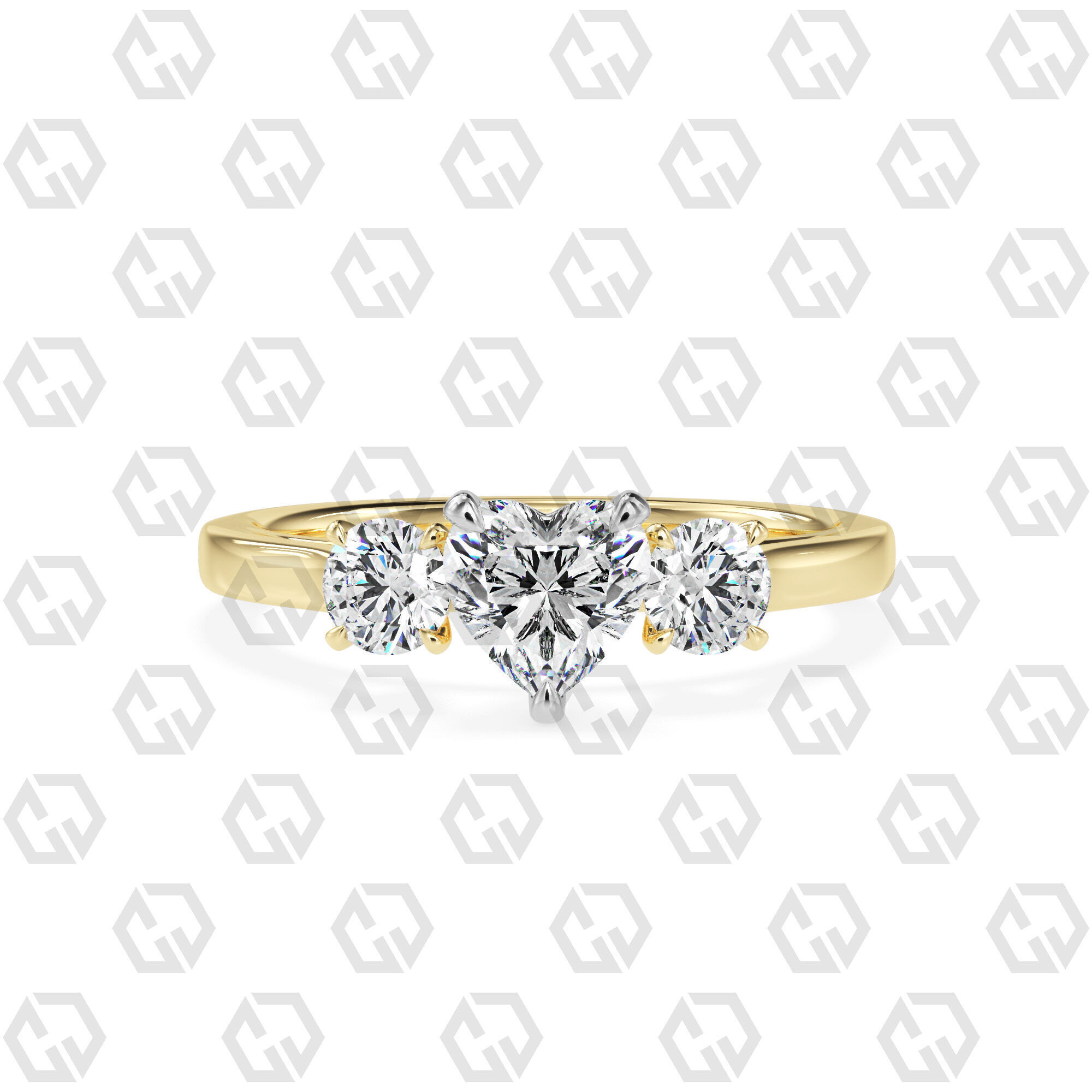 Ring 114 Heart Shape Cathedral shank 3 stone ring with round 3D print model_9