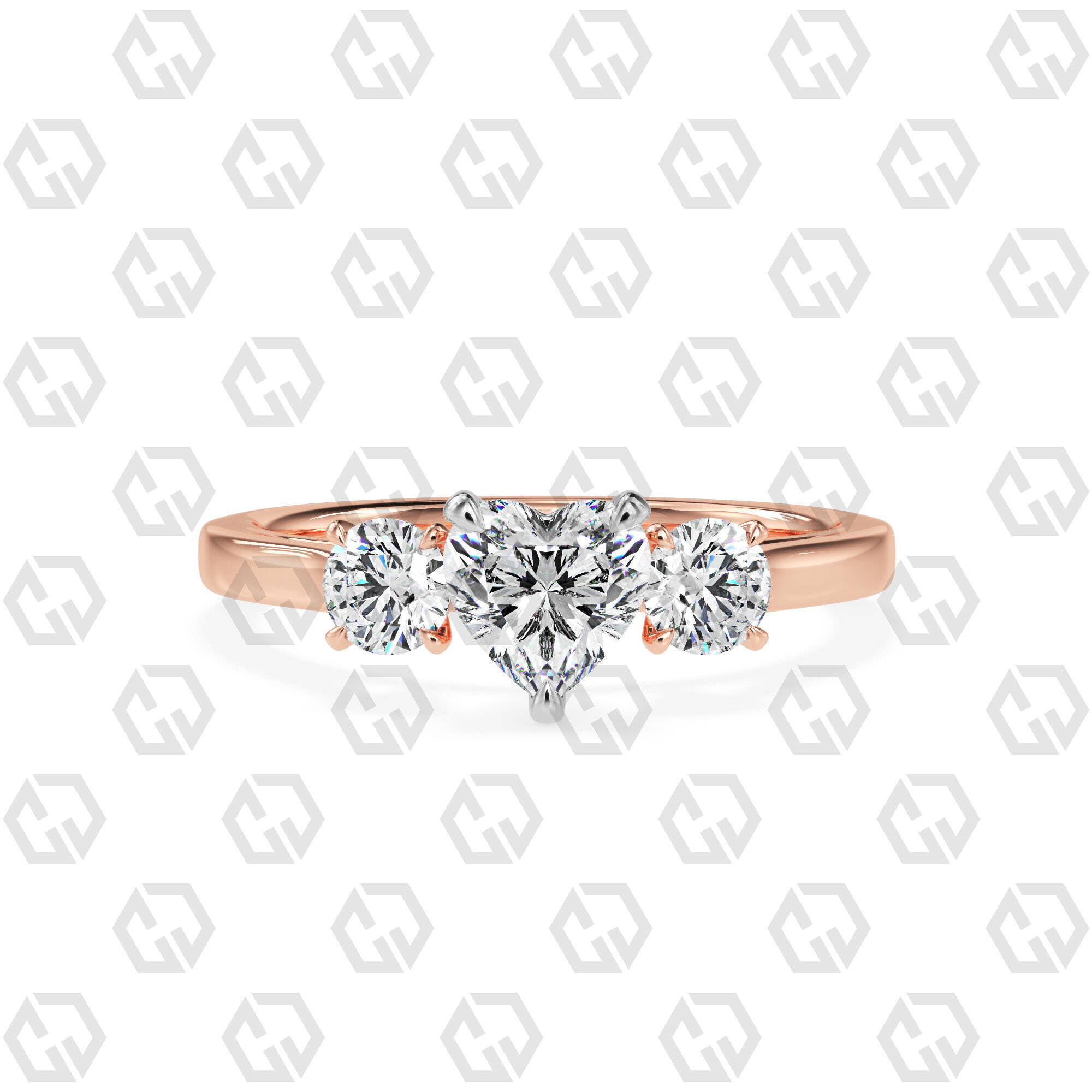 Ring 114 Heart Shape Cathedral shank 3 stone ring with round 3D print model_5