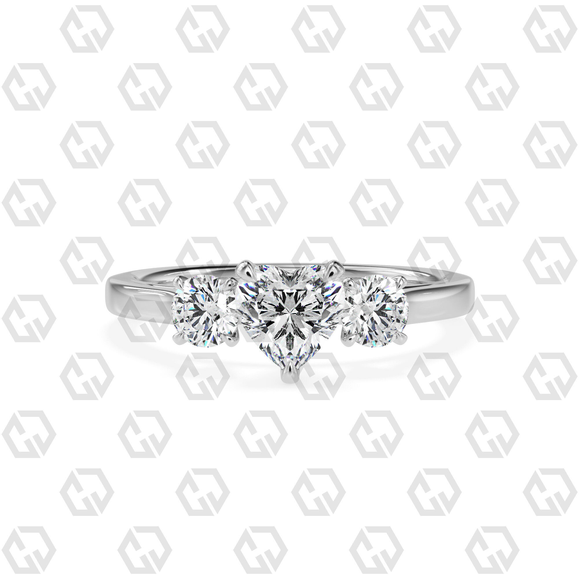 Ring 114 Heart Shape Cathedral shank 3 stone ring with round 3D print model_7