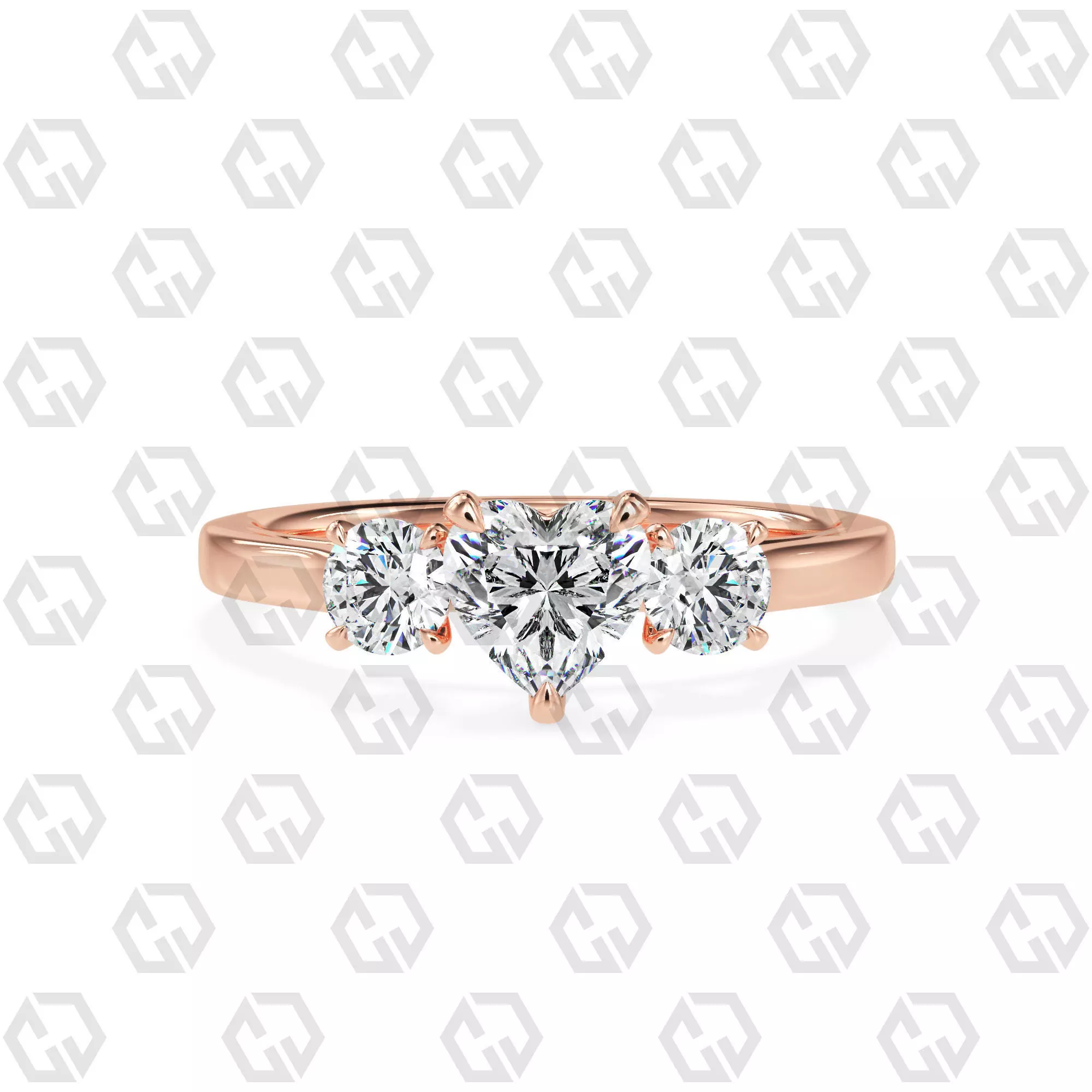 Ring 114 Heart Shape Cathedral shank 3 stone ring with round 3D print model_0
