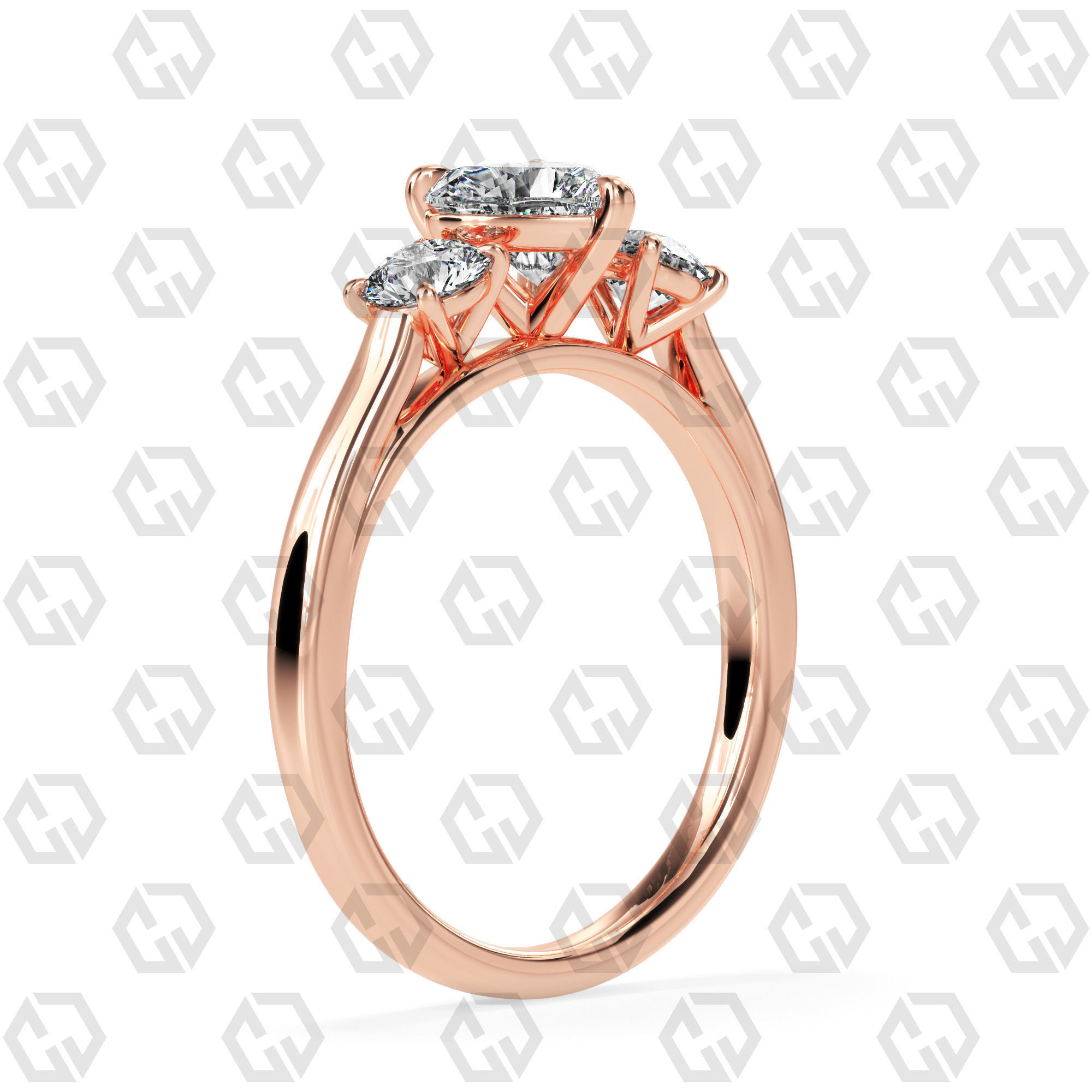 Ring 114 Heart Shape Cathedral shank 3 stone ring with round 3D print model_1