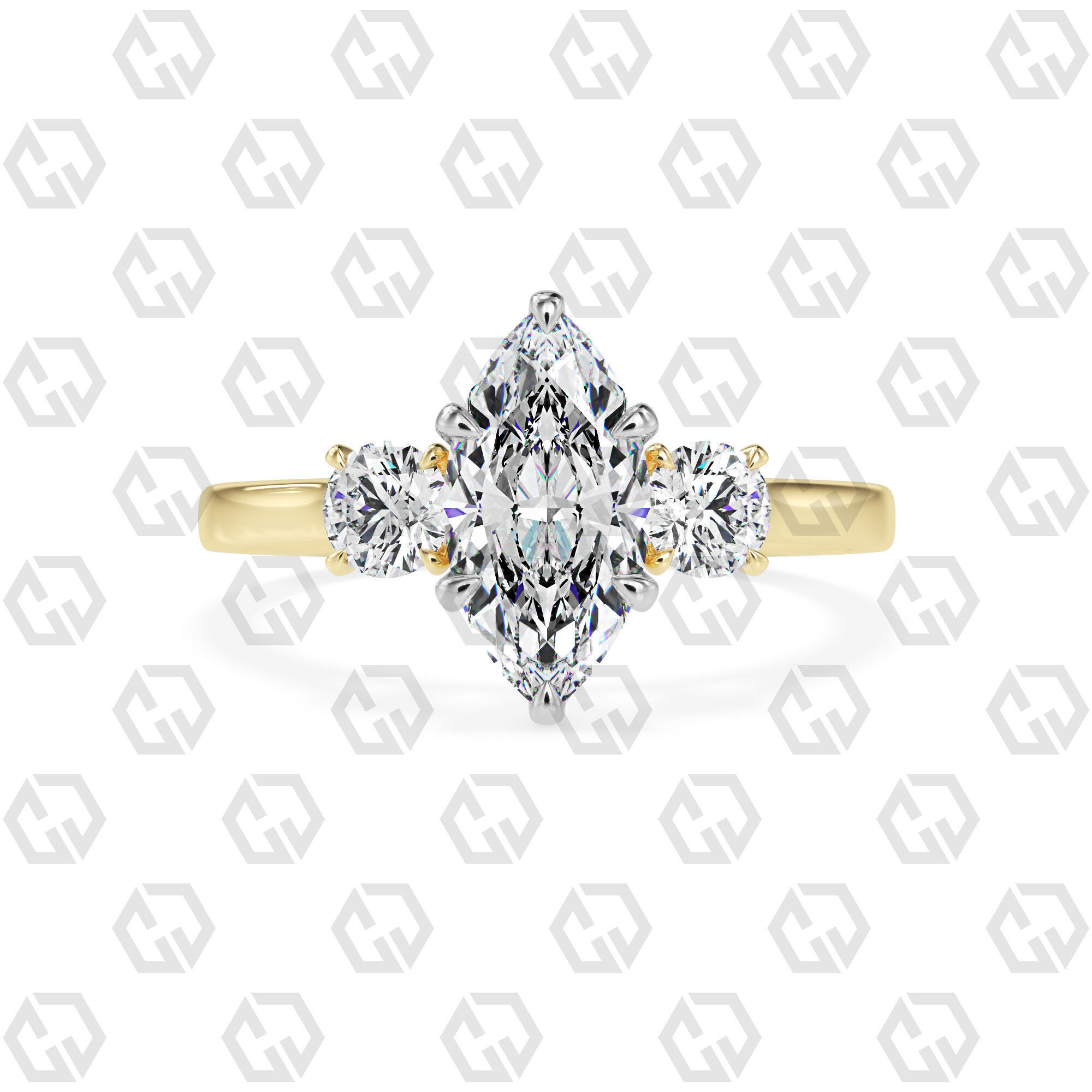 Ring 115 Marquise Shape Cathedral shank 3 stone ring with round 3D print model_9