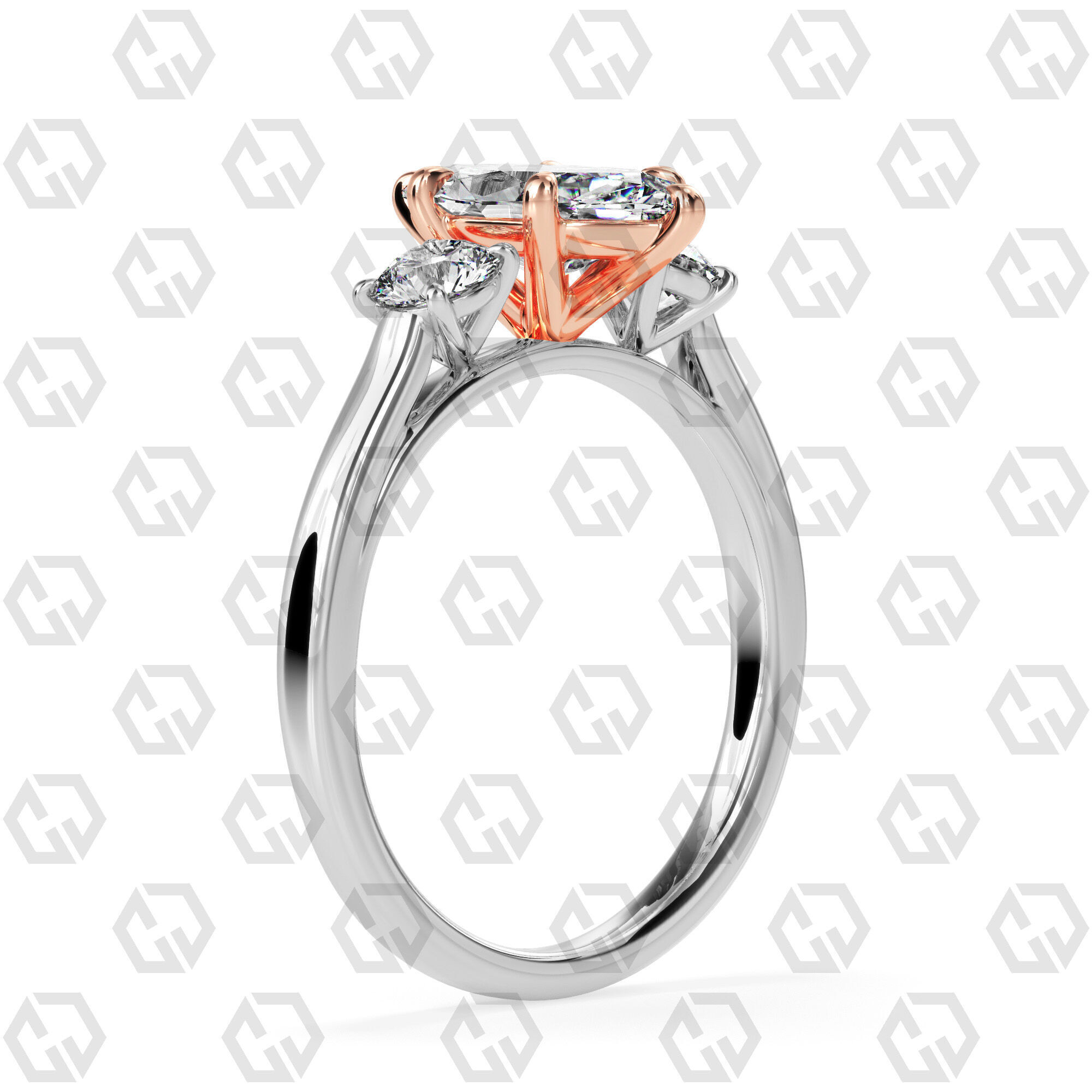 Ring 115 Marquise Shape Cathedral shank 3 stone ring with round 3D print model_2