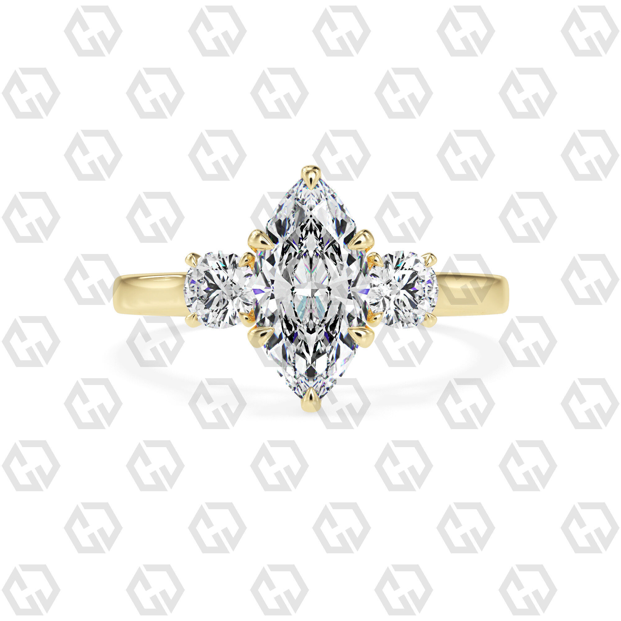 Ring 115 Marquise Shape Cathedral shank 3 stone ring with round 3D print model_13