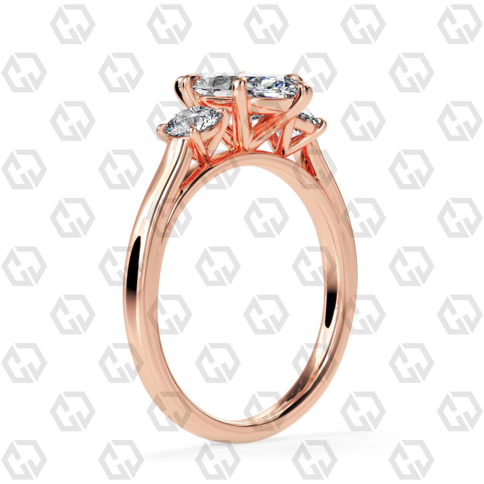 Ring 115 Marquise Shape Cathedral shank 3 stone ring with round 3D print model_1