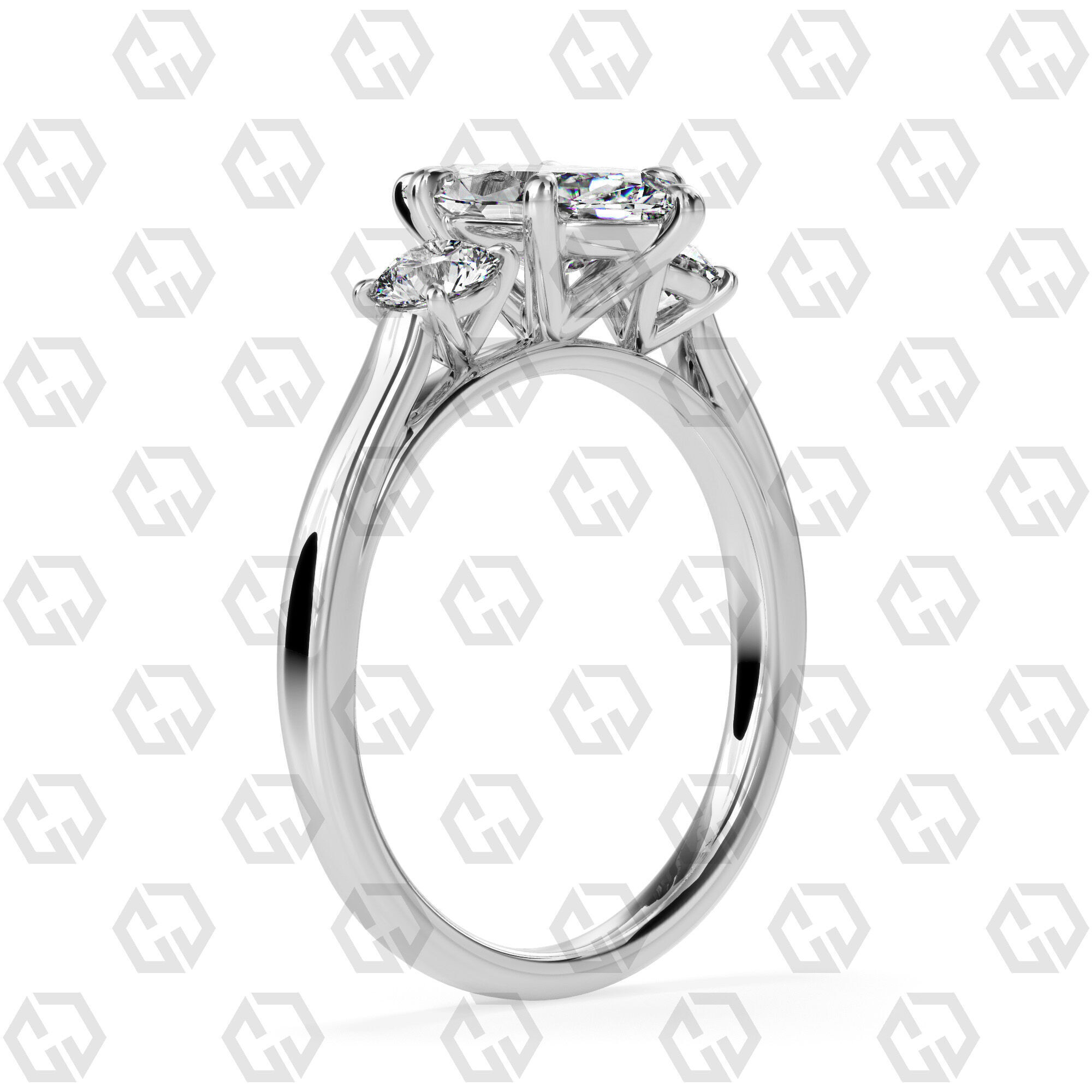 Ring 115 Marquise Shape Cathedral shank 3 stone ring with round 3D print model_6