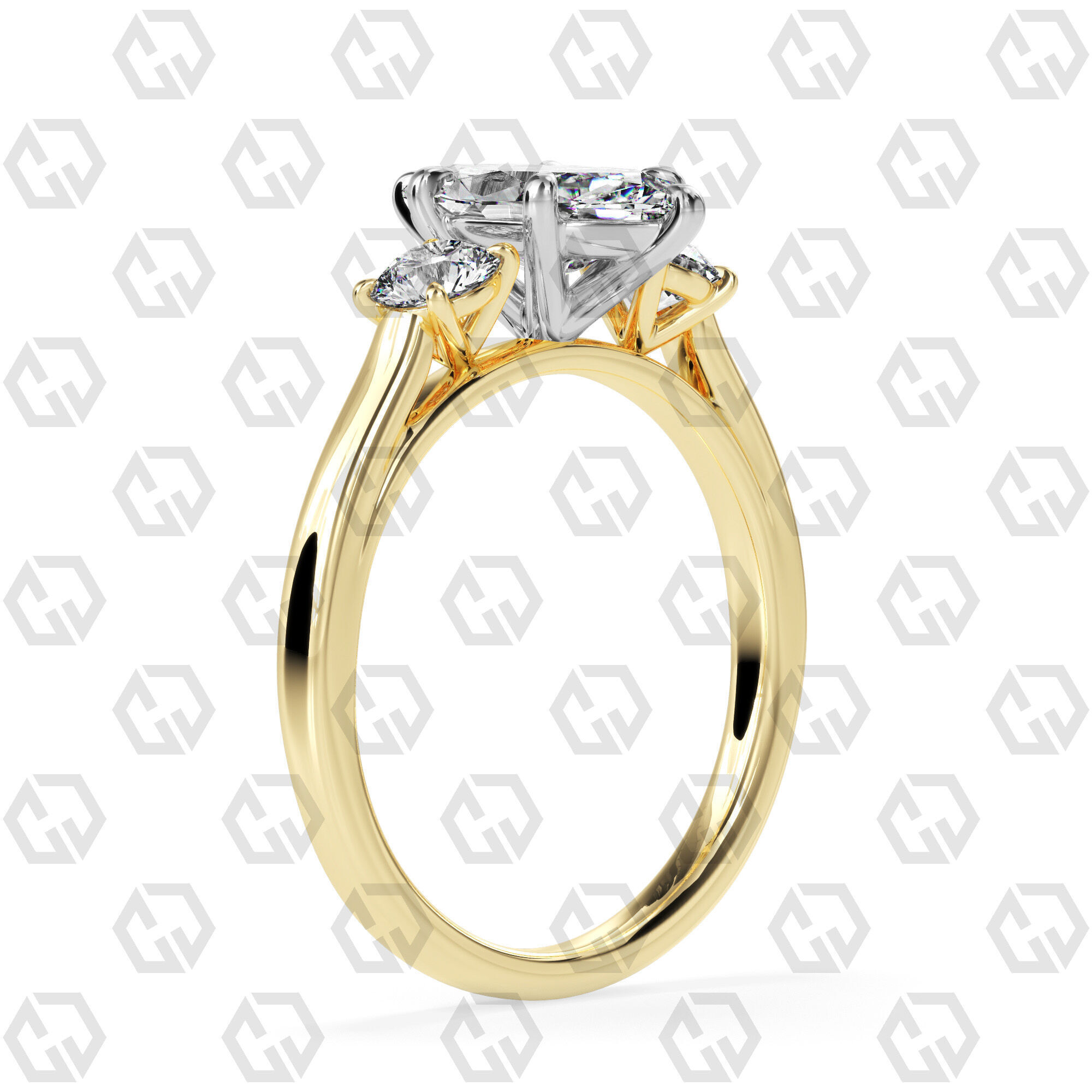 Ring 115 Marquise Shape Cathedral shank 3 stone ring with round 3D print model_8