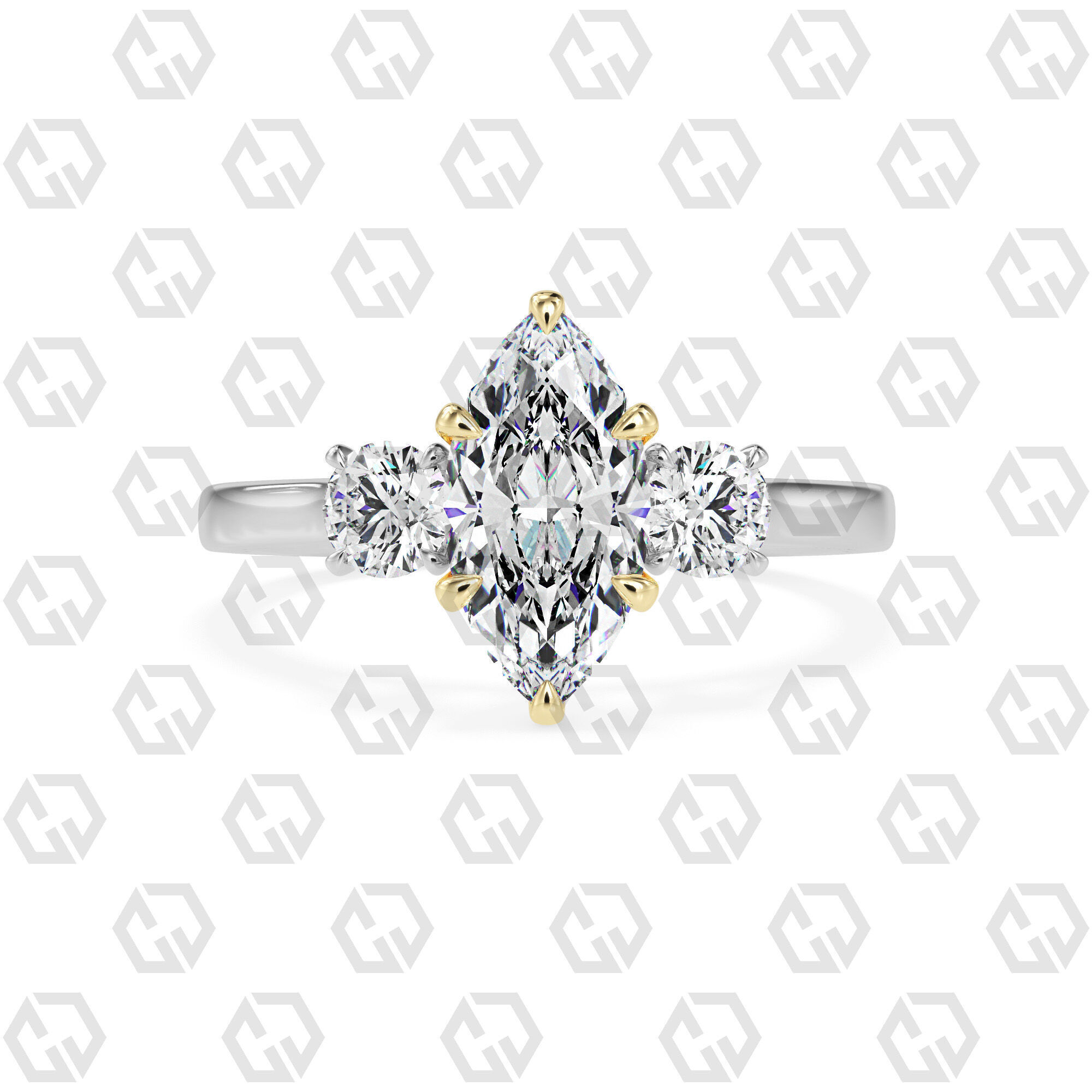 Ring 115 Marquise Shape Cathedral shank 3 stone ring with round 3D print model_11