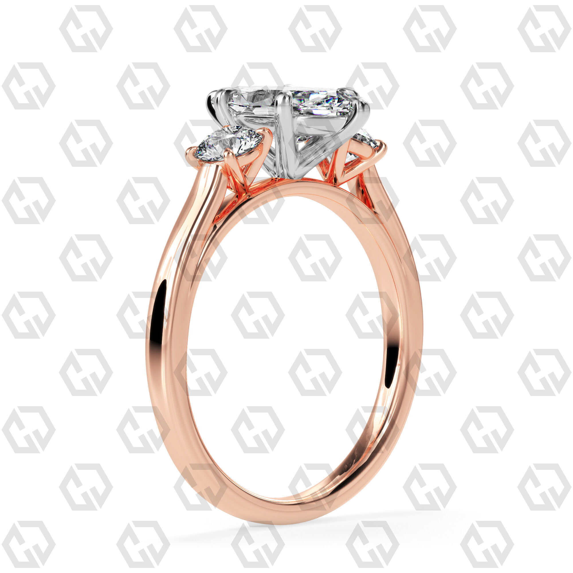 Ring 115 Marquise Shape Cathedral shank 3 stone ring with round 3D print model_4