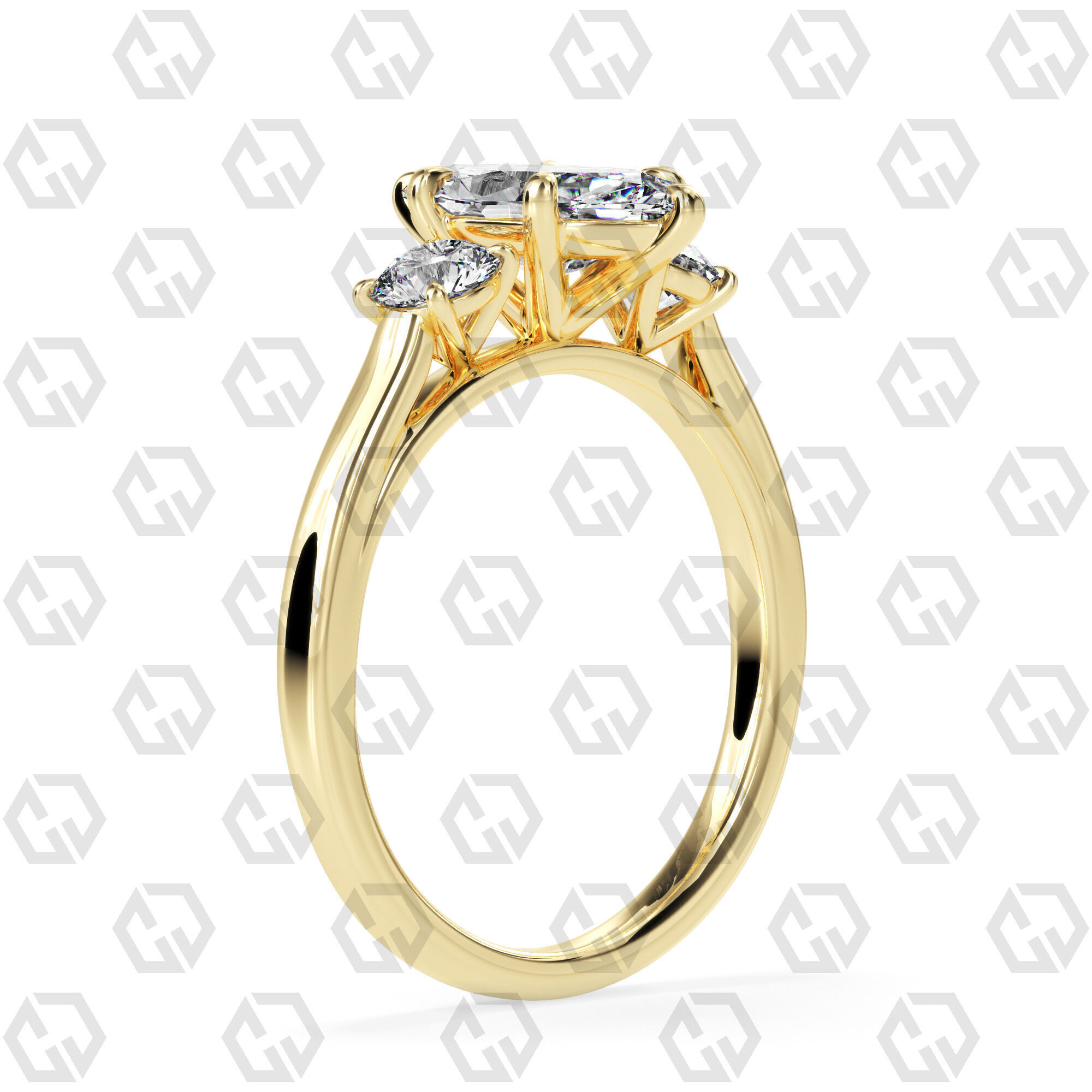 Ring 115 Marquise Shape Cathedral shank 3 stone ring with round 3D print model_12