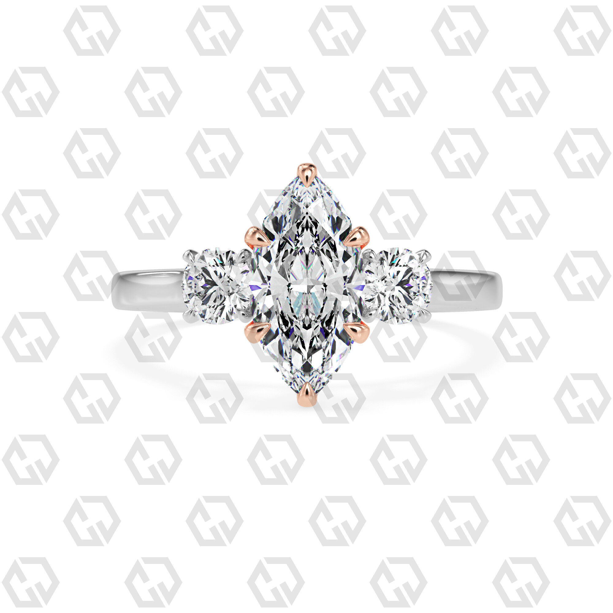 Ring 115 Marquise Shape Cathedral shank 3 stone ring with round 3D print model_3