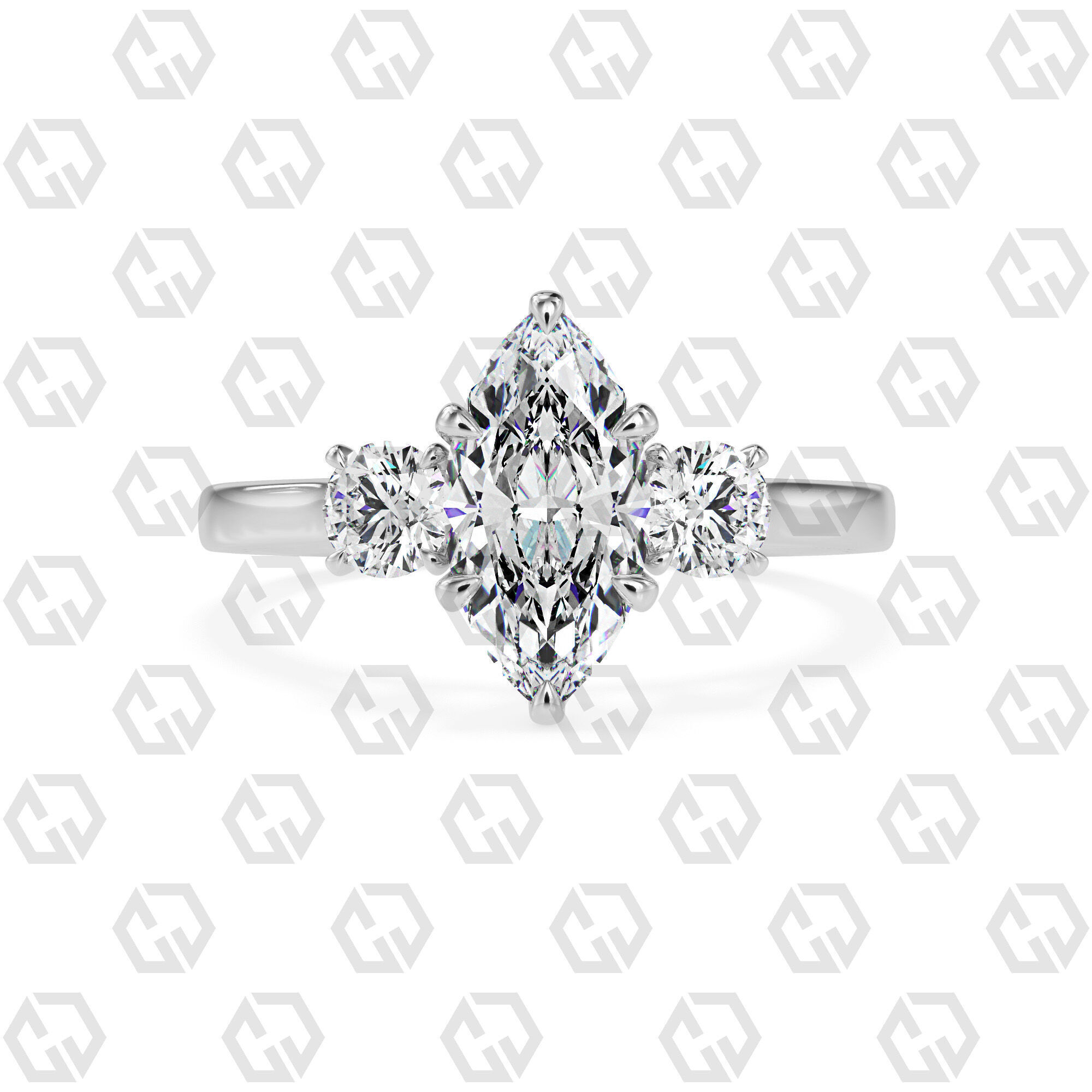 Ring 115 Marquise Shape Cathedral shank 3 stone ring with round 3D print model_7