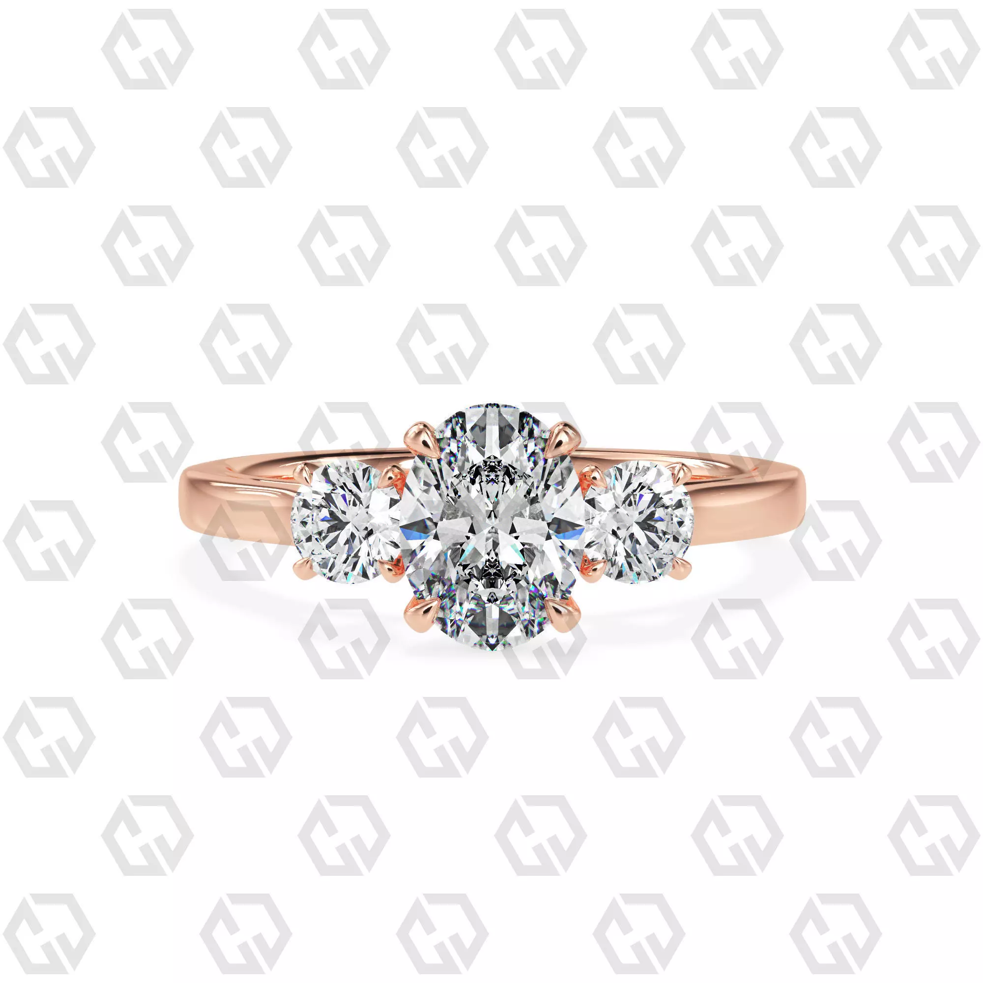 Ring 116 Oval Shape Cathedral shank 3 stone ring with round 3D print model