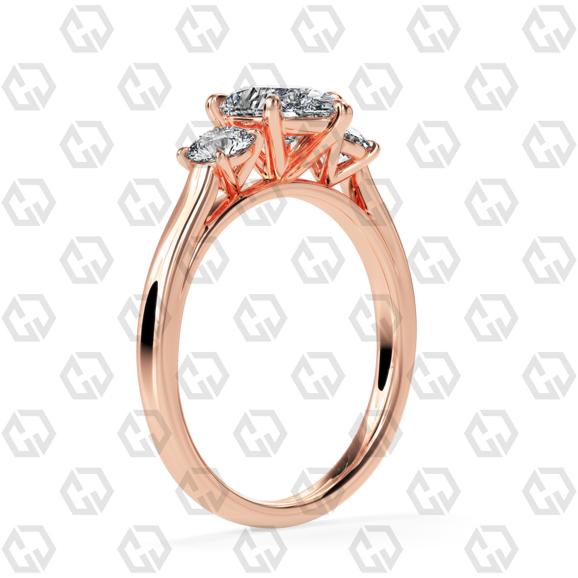 Ring 117 Pear Shape Cathedral shank 3 stone ring with round 3D print model_1