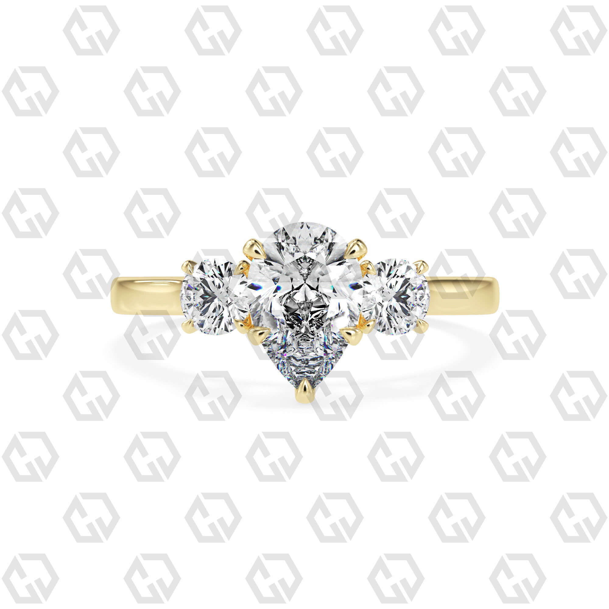 Ring 117 Pear Shape Cathedral shank 3 stone ring with round 3D print model_13