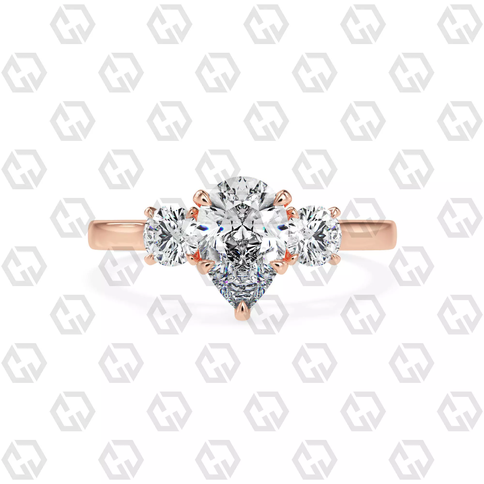 Ring 117 Pear Shape Cathedral shank 3 stone ring with round 3D print model_0