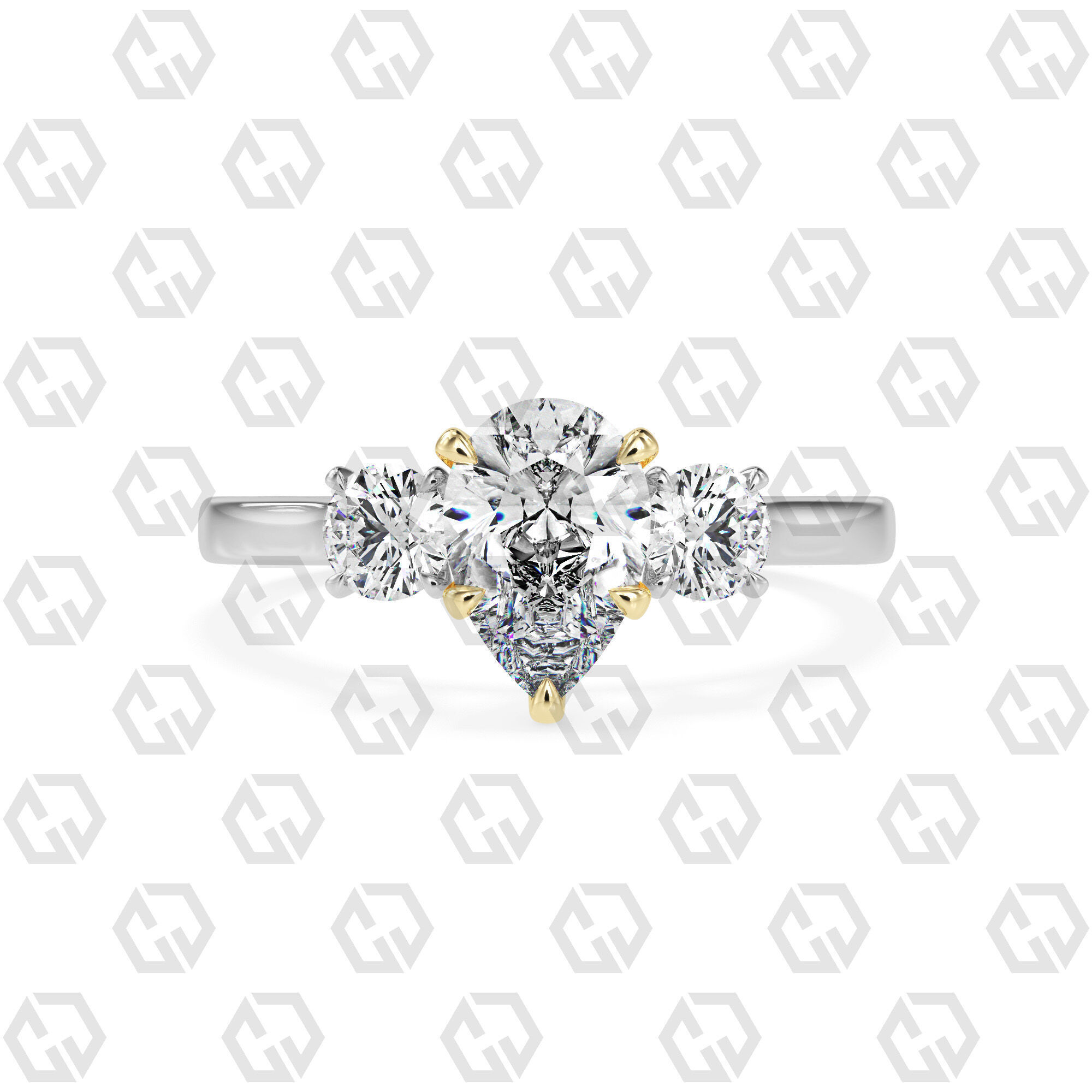 Ring 117 Pear Shape Cathedral shank 3 stone ring with round 3D print model_11