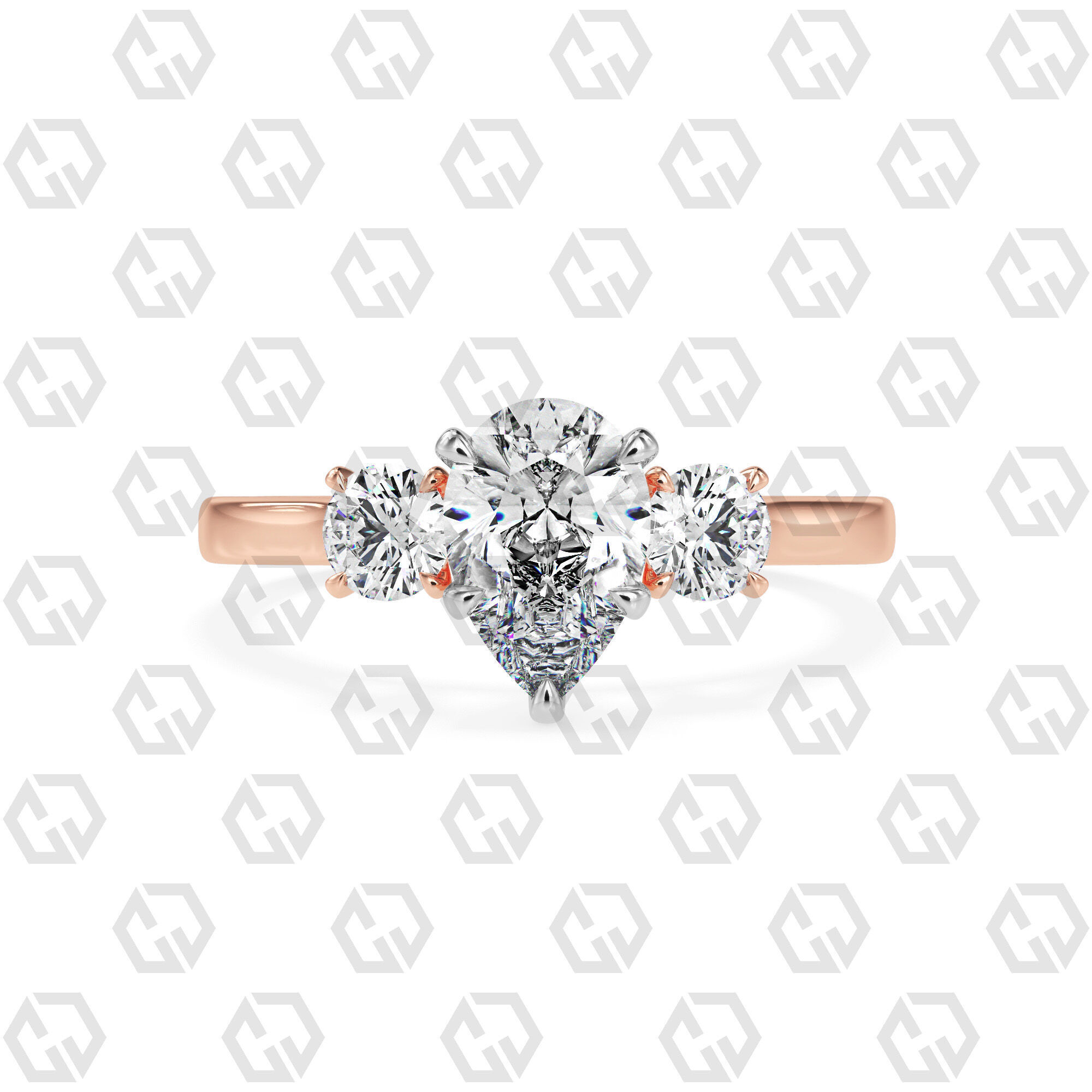 Ring 117 Pear Shape Cathedral shank 3 stone ring with round 3D print model_5