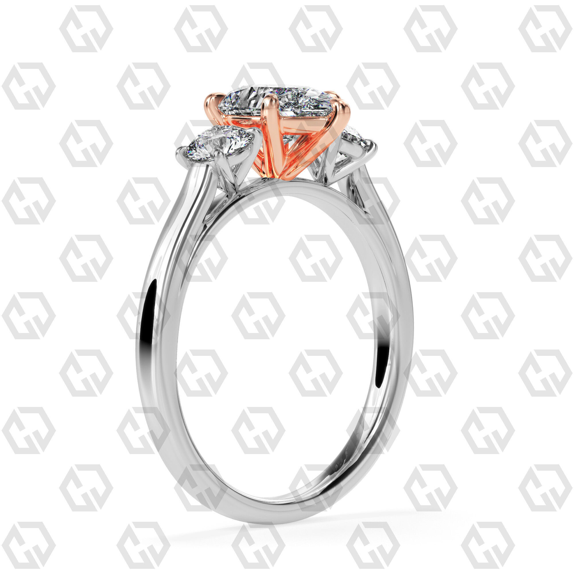 Ring 117 Pear Shape Cathedral shank 3 stone ring with round 3D print model_2