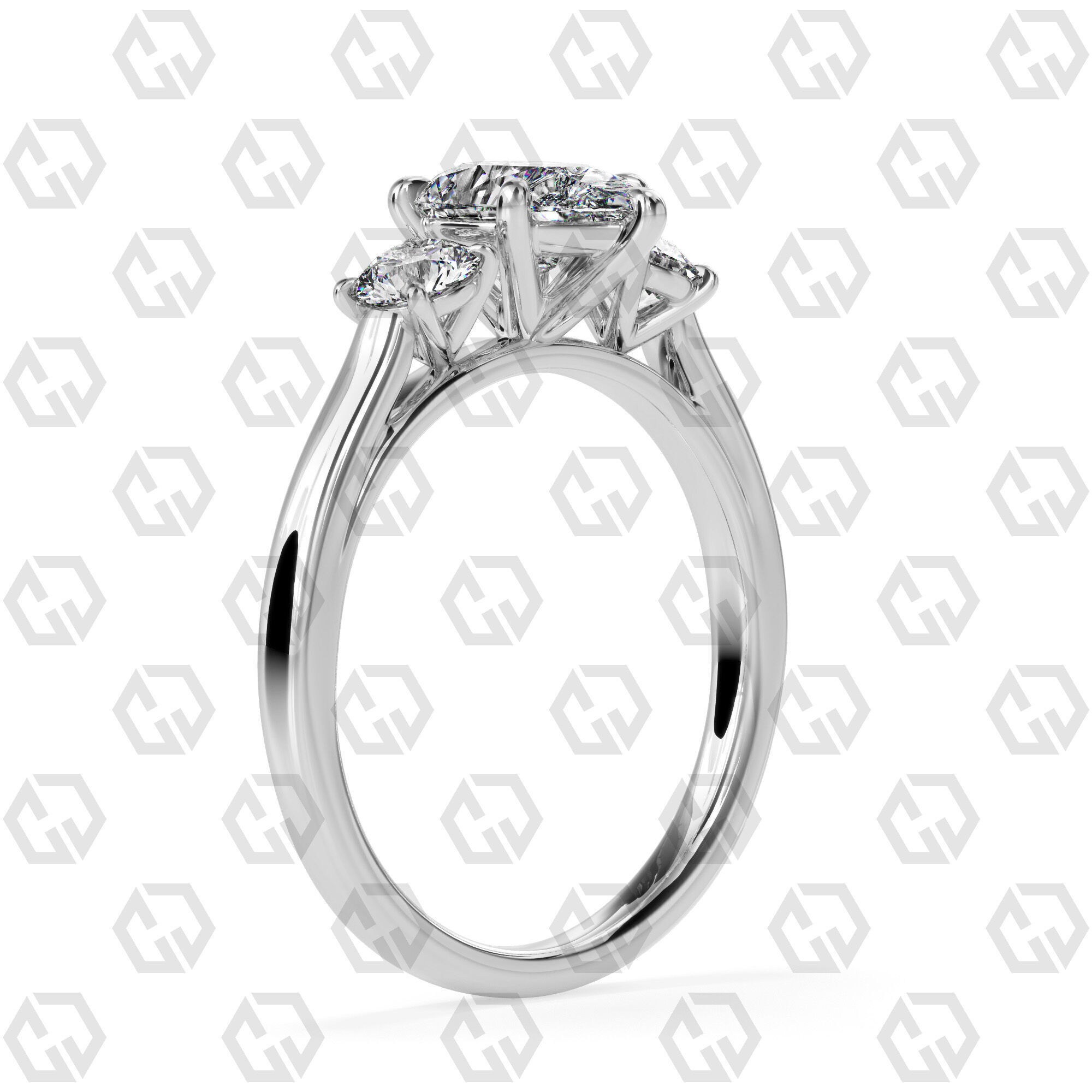 Ring 117 Pear Shape Cathedral shank 3 stone ring with round 3D print model_6