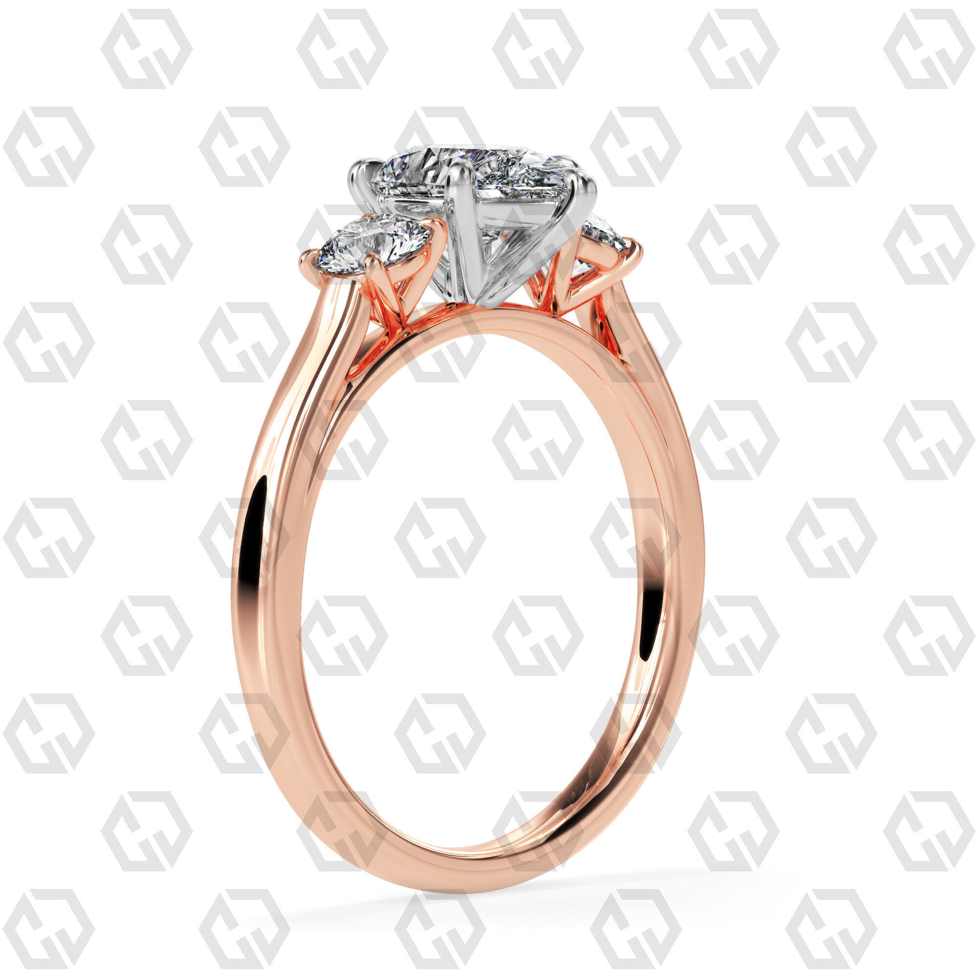 Ring 117 Pear Shape Cathedral shank 3 stone ring with round 3D print model_4