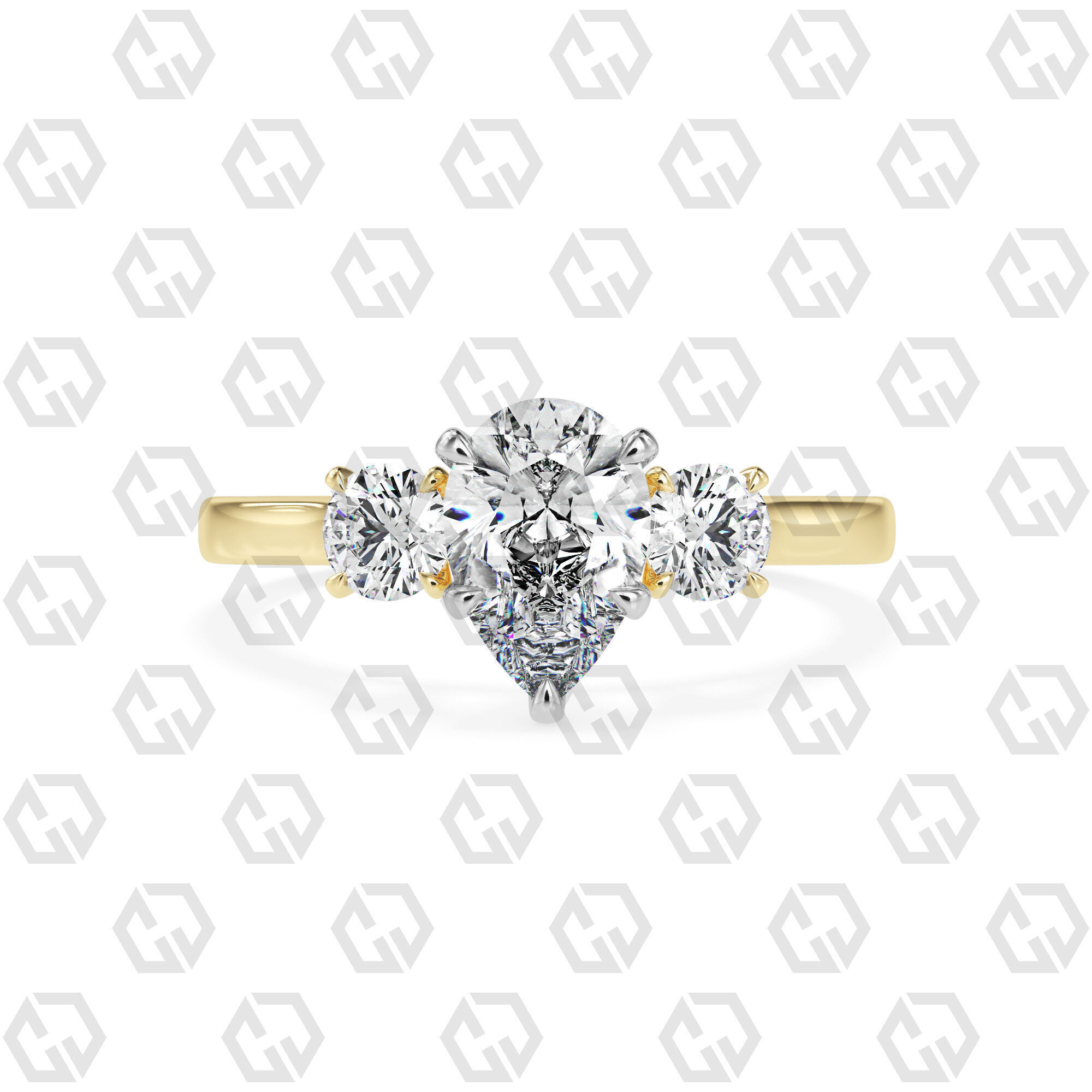 Ring 117 Pear Shape Cathedral shank 3 stone ring with round 3D print model_9