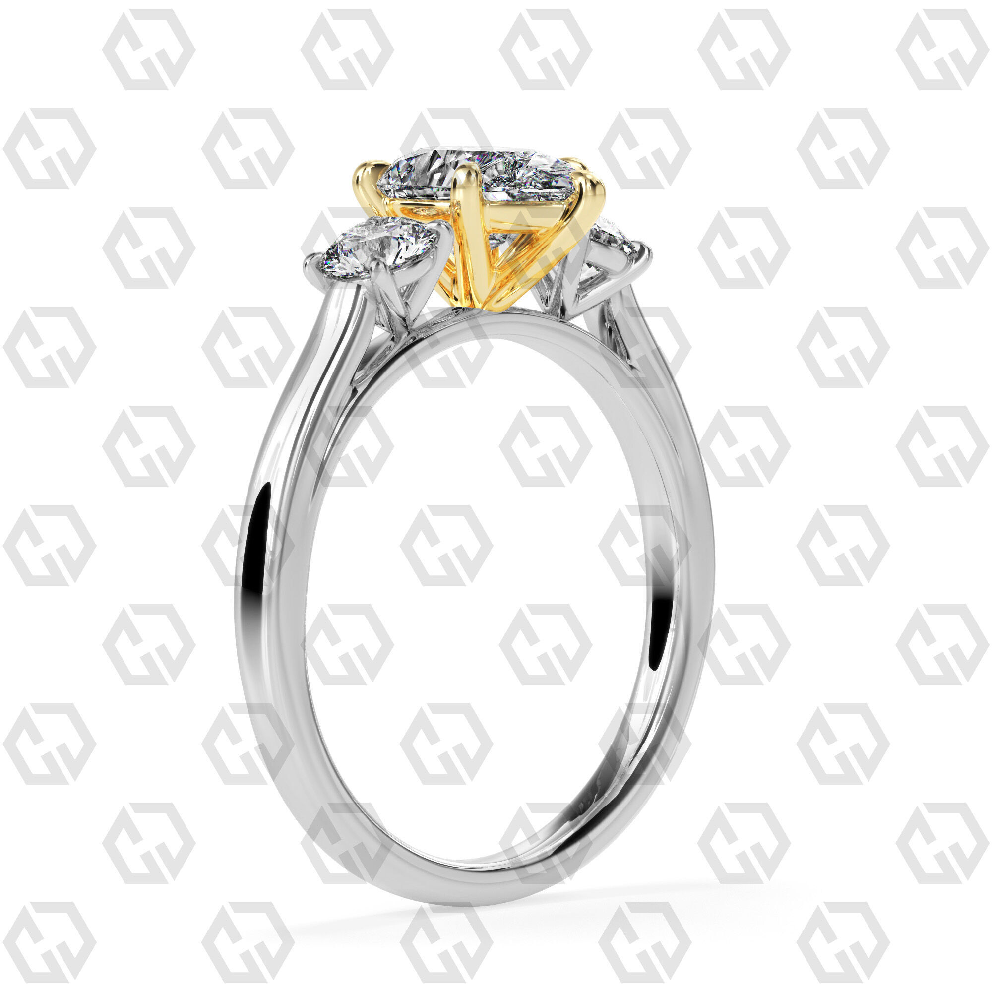 Ring 117 Pear Shape Cathedral shank 3 stone ring with round 3D print model_10