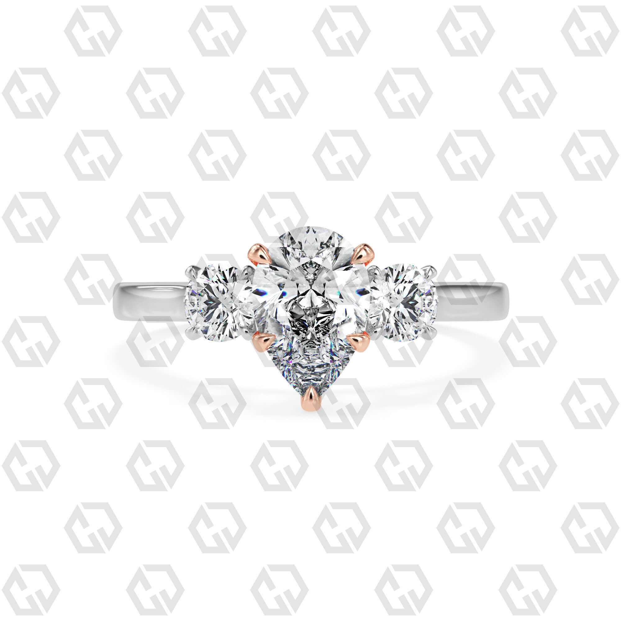 Ring 117 Pear Shape Cathedral shank 3 stone ring with round 3D print model_3