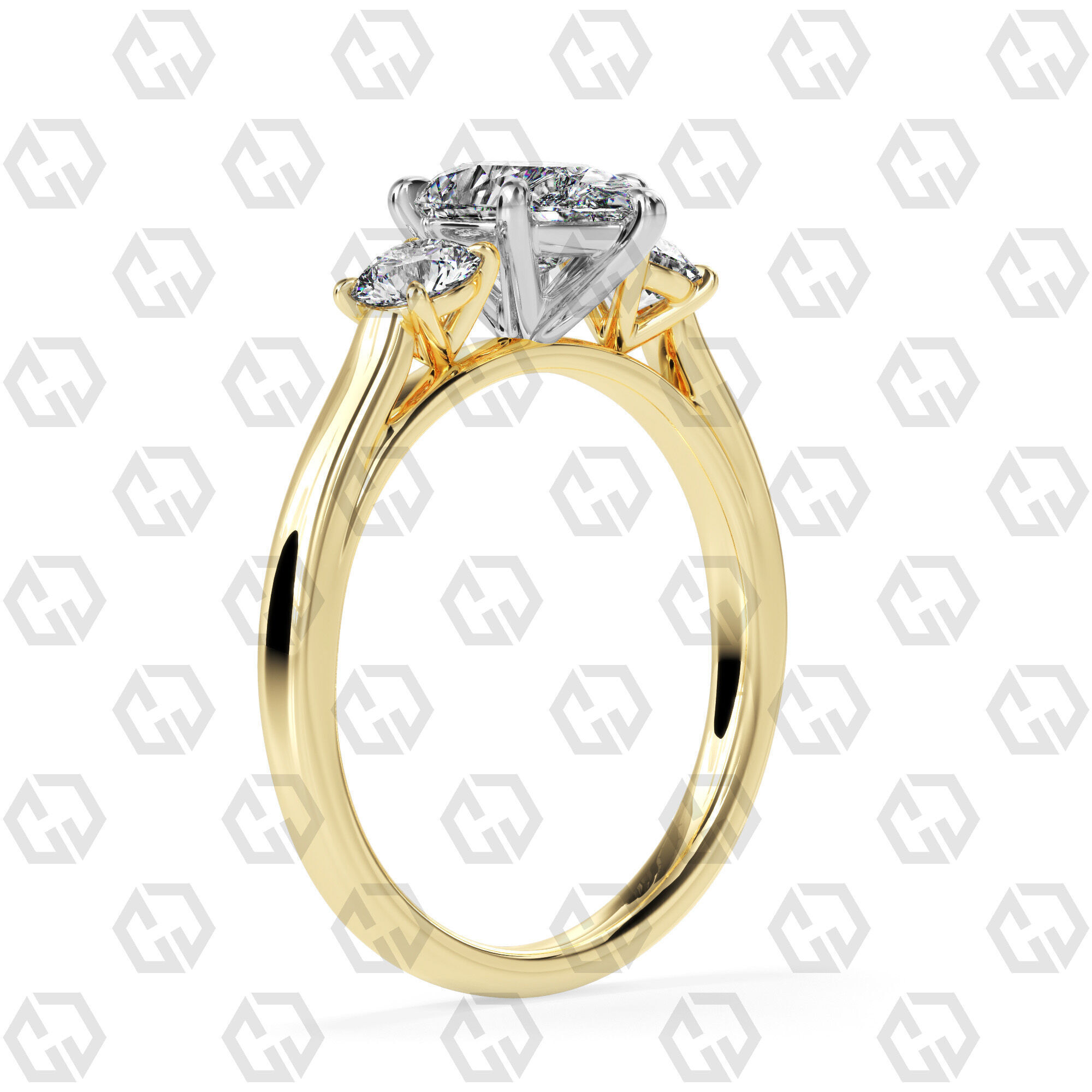 Ring 117 Pear Shape Cathedral shank 3 stone ring with round 3D print model_8