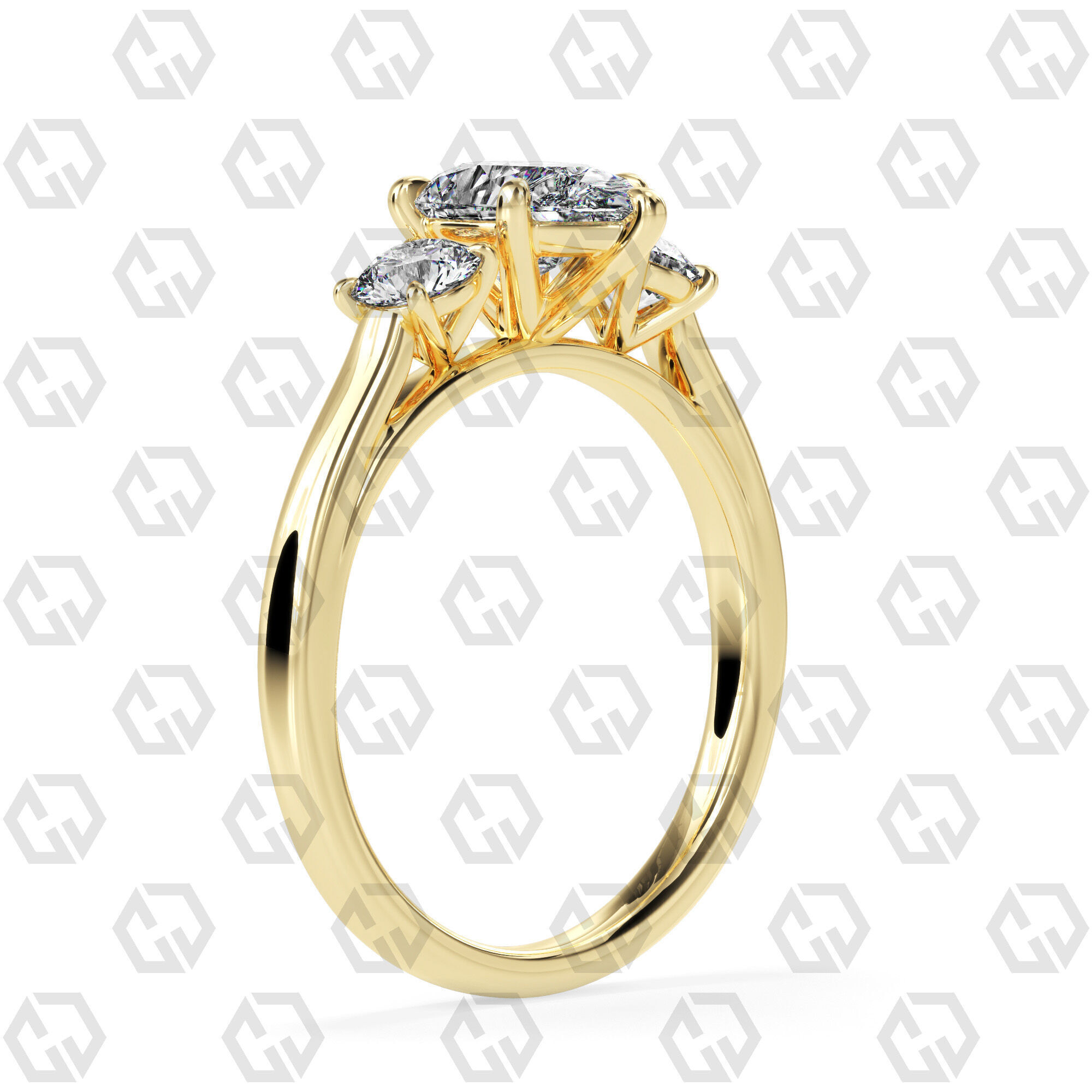 Ring 117 Pear Shape Cathedral shank 3 stone ring with round 3D print model_12