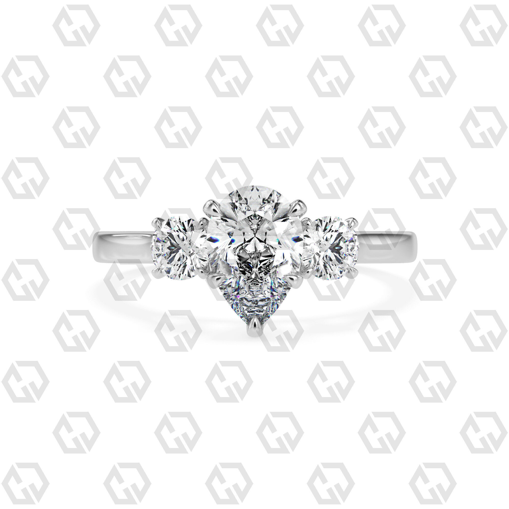 Ring 117 Pear Shape Cathedral shank 3 stone ring with round 3D print model_7